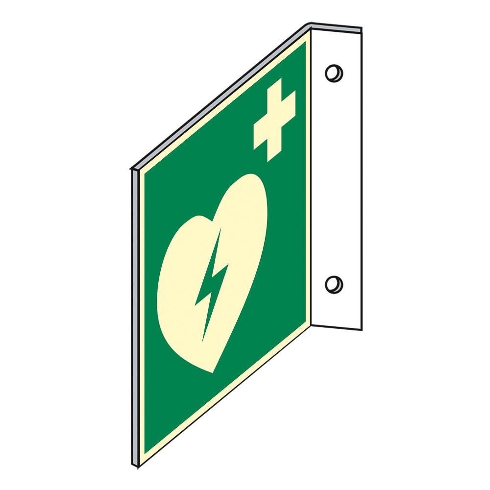 Rettungszeichen - Defibrillator - Fahne mit weißem Herz, Blitzsymbol und Kreuz, als normgerechter, rechteckiger Wegweiser montiert.