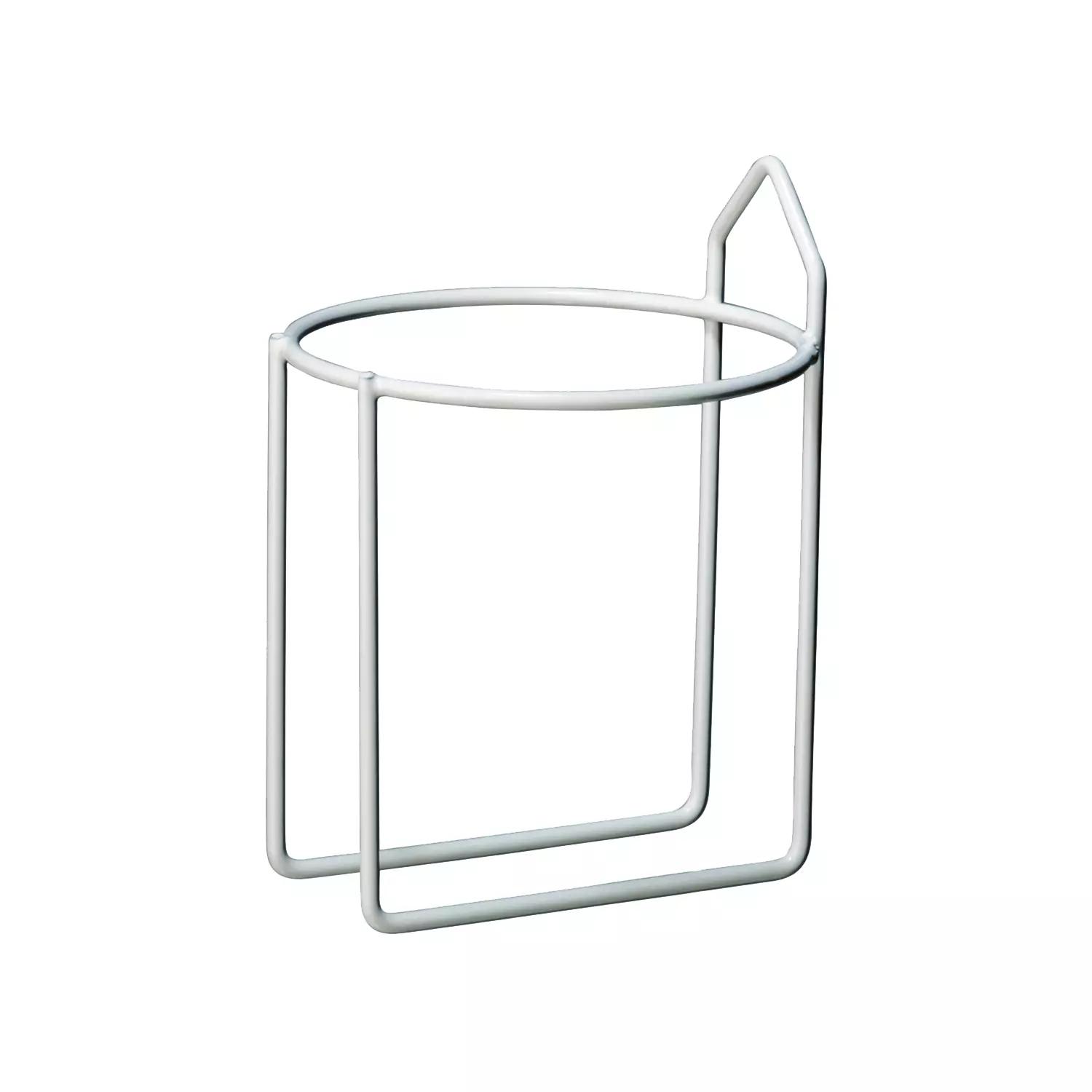 Weiße Wandhalterung für einen O²Pack oder eine Augenspülflasche A6 mit rundem Standfuß und rechteckigem Metallgestell, bereit zur Montage.
