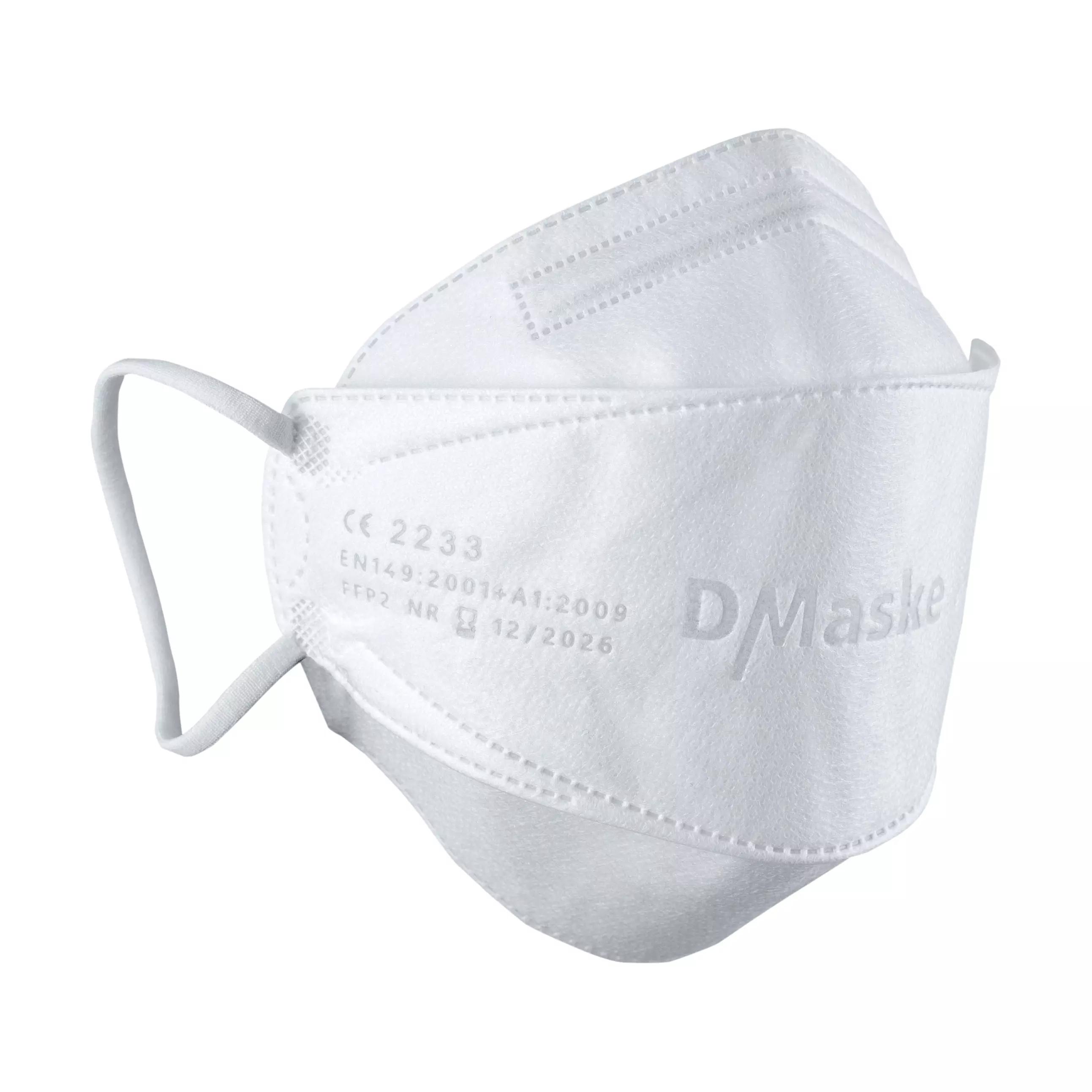Weiße Atemschutzmaske FFP2 - MADE IN GERMANY mit elastischen Ohrschlaufen, konischer Form und sichtbaren Prüfzeichen sowie "DMaske" Aufdruck.