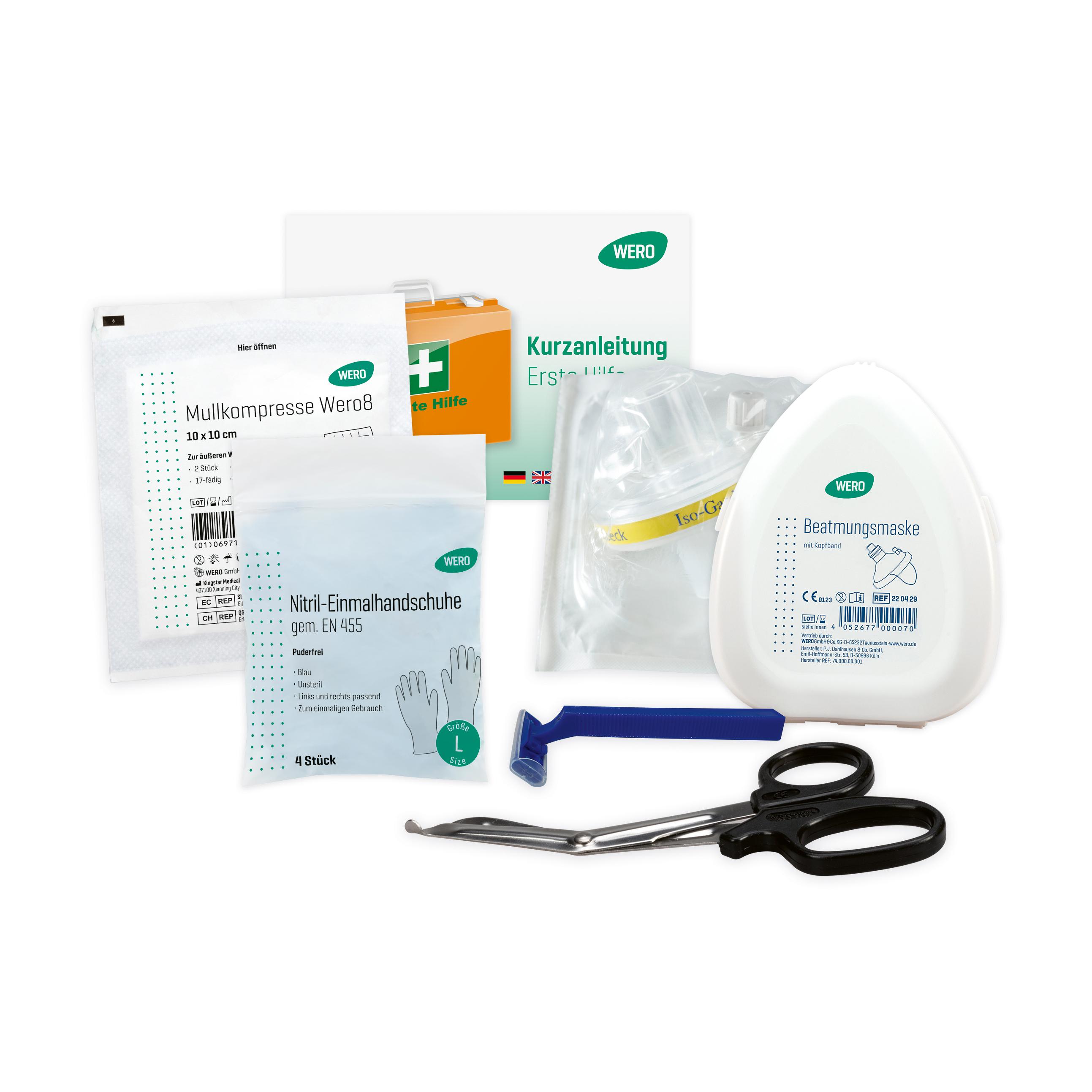 Mehrteiliges WERO Reanimations-Set mit Beatmungsmaske, Bandagen, Schere, Pinzette und Anleitung, für die Ersthilfe bei Wiederbelebung ausgestattet.
