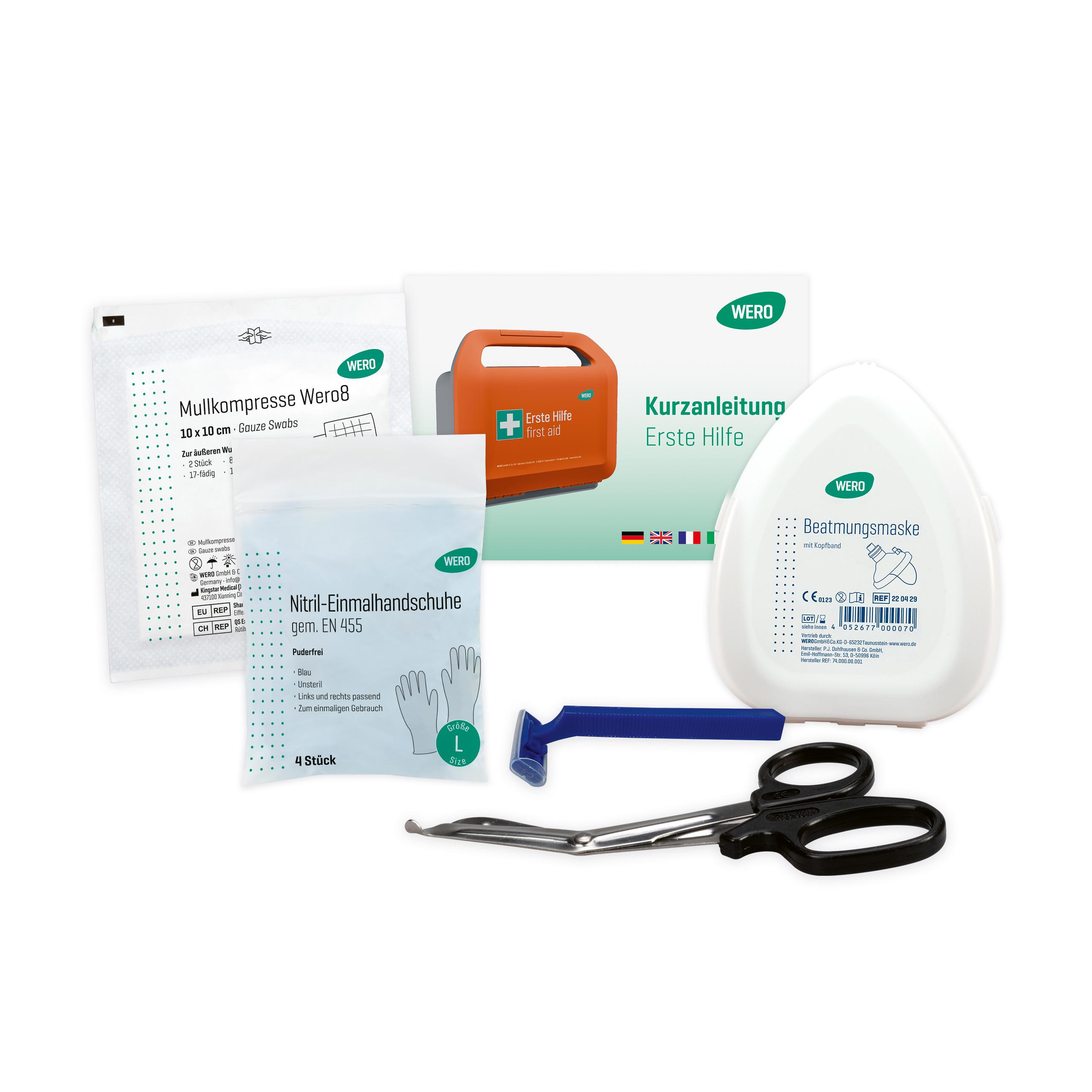 Mehrteiliges WERO Reanimations-Set mit Beatmungsmaske, Bandagen, Schere, Pinzette und Anleitung, für die Ersthilfe bei Wiederbelebung ausgestattet.