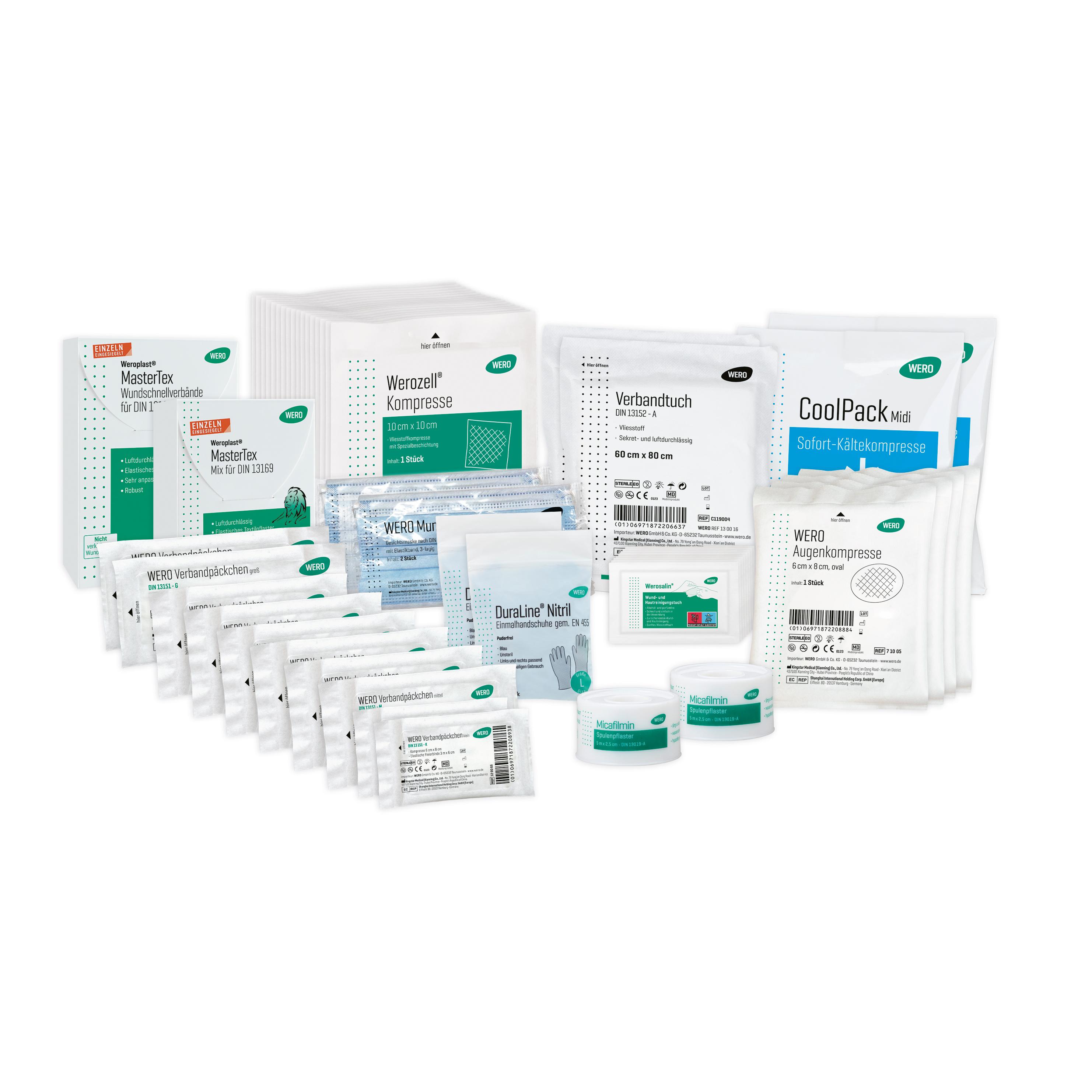 Sortiment aus MasterTex 1st Aid Pflastern, Wera Kompressen, Duraline Nitril-Handschuhen, CoolPack Midi Kühlpacks und weißen Behältern.