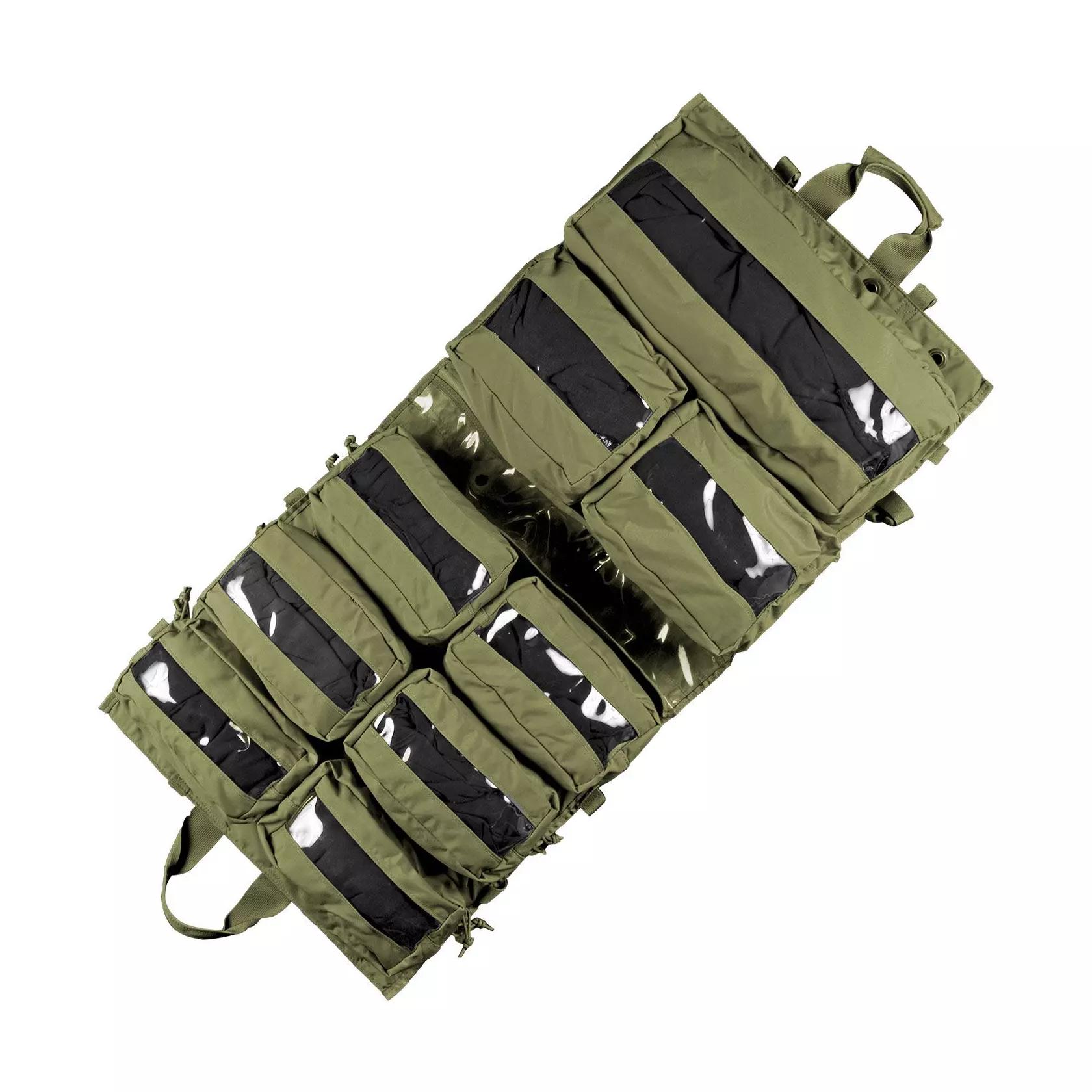 Zusammengefaltete NAR Medic Trauma Sheet Bag - Grün aus 500D CORDURA® mit mehreren transparenten Fächern und schwarzen Deckeln zur übersichtlichen Aufbewahrung.