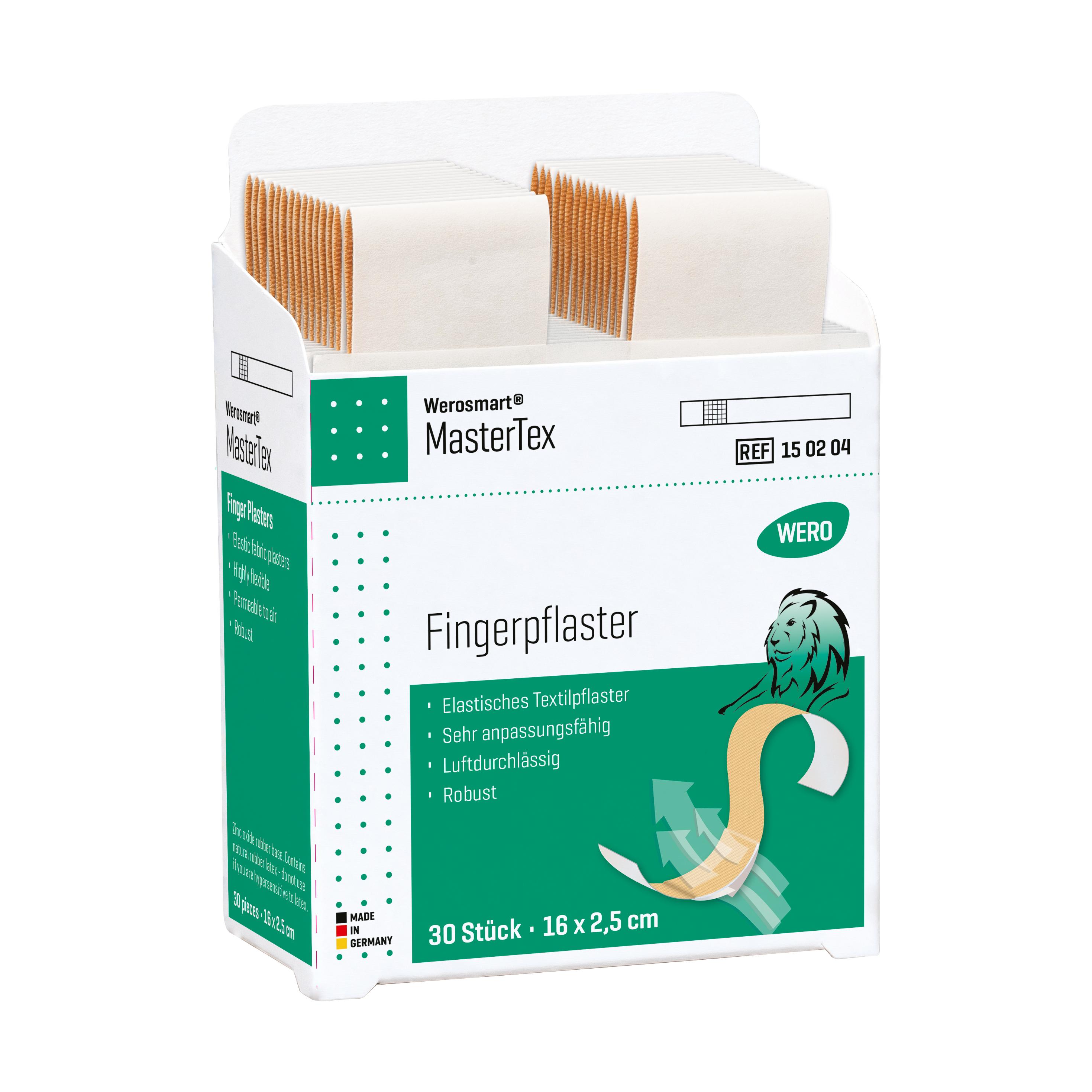 Eine Verpackung Werosmart® MasterTex Pflasterspender-Einsätze Fingerpflaster – 16 cm mit sichtbaren Farben und klaren Piktogrammen ist abgebildet.