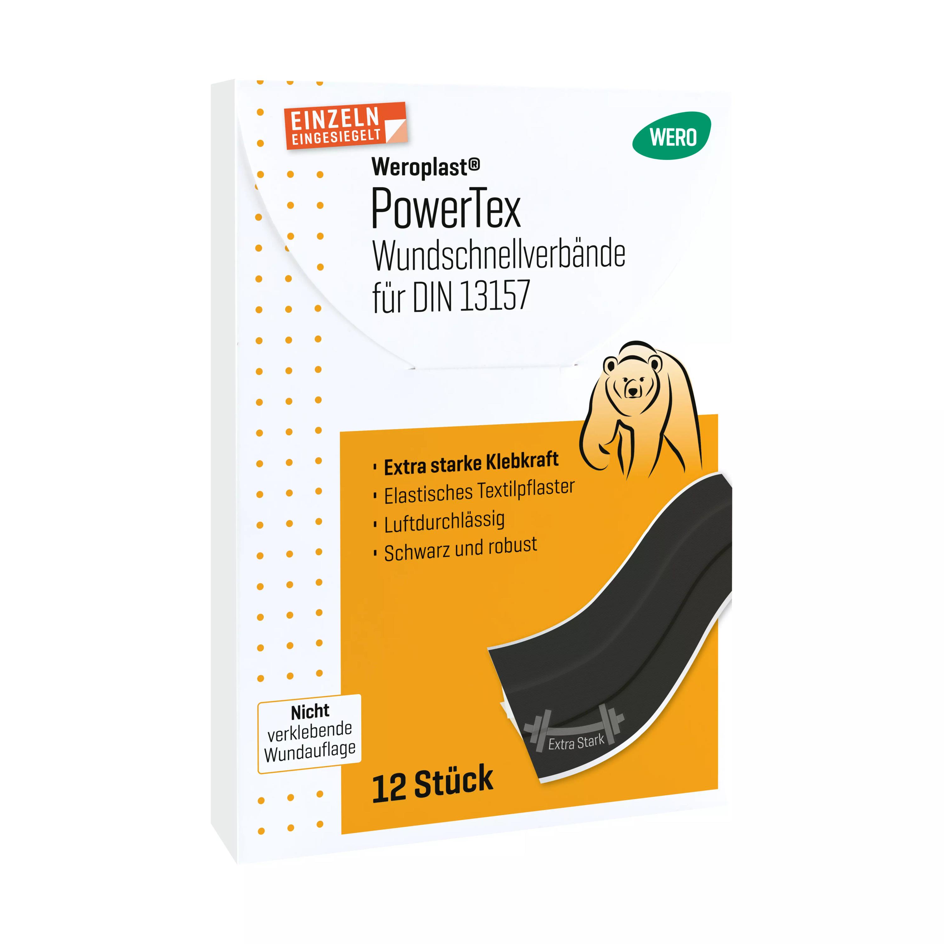 Eine weiße Verpackung Weroplast® PowerTex Pflaster - Wundschnellverbände DIN 13157 mit gelb-orangem Etikett, extra starker Klebkraft und 12 Stück Inhalt.