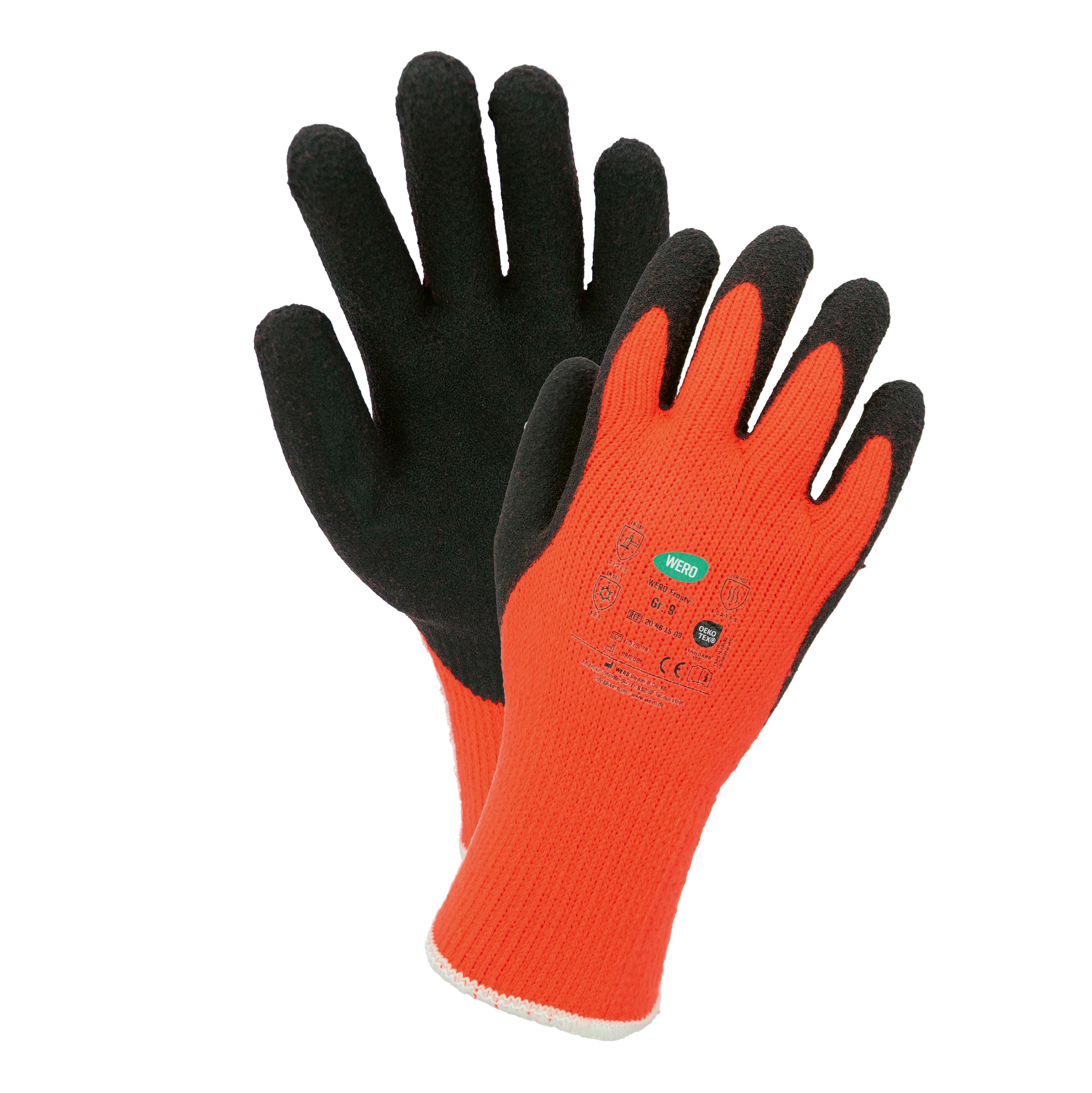 Kälteschutzhandschuh WERO Frosty in Orange mit rutschfester, aufgerauter Latexbeschichtung und optimalem Kälteschutz, Seitansicht in Größe 11.