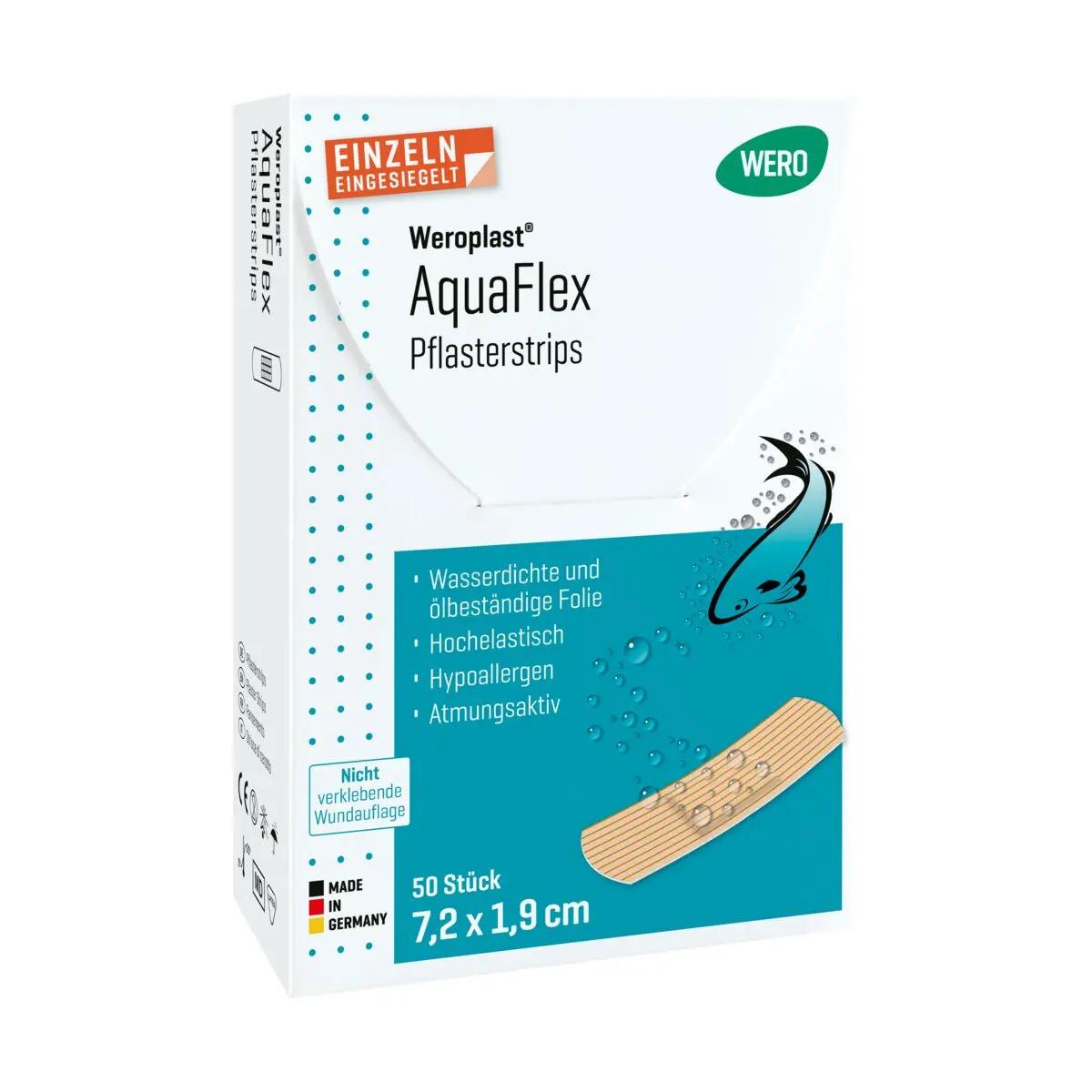 Weiße Box mit Pflasterstrips Weroplast® AquaFlex, zeigt Fischgrafik, 50 wasserdichte, superelastische, flexible Strips à 7,2 x 1,9 cm.