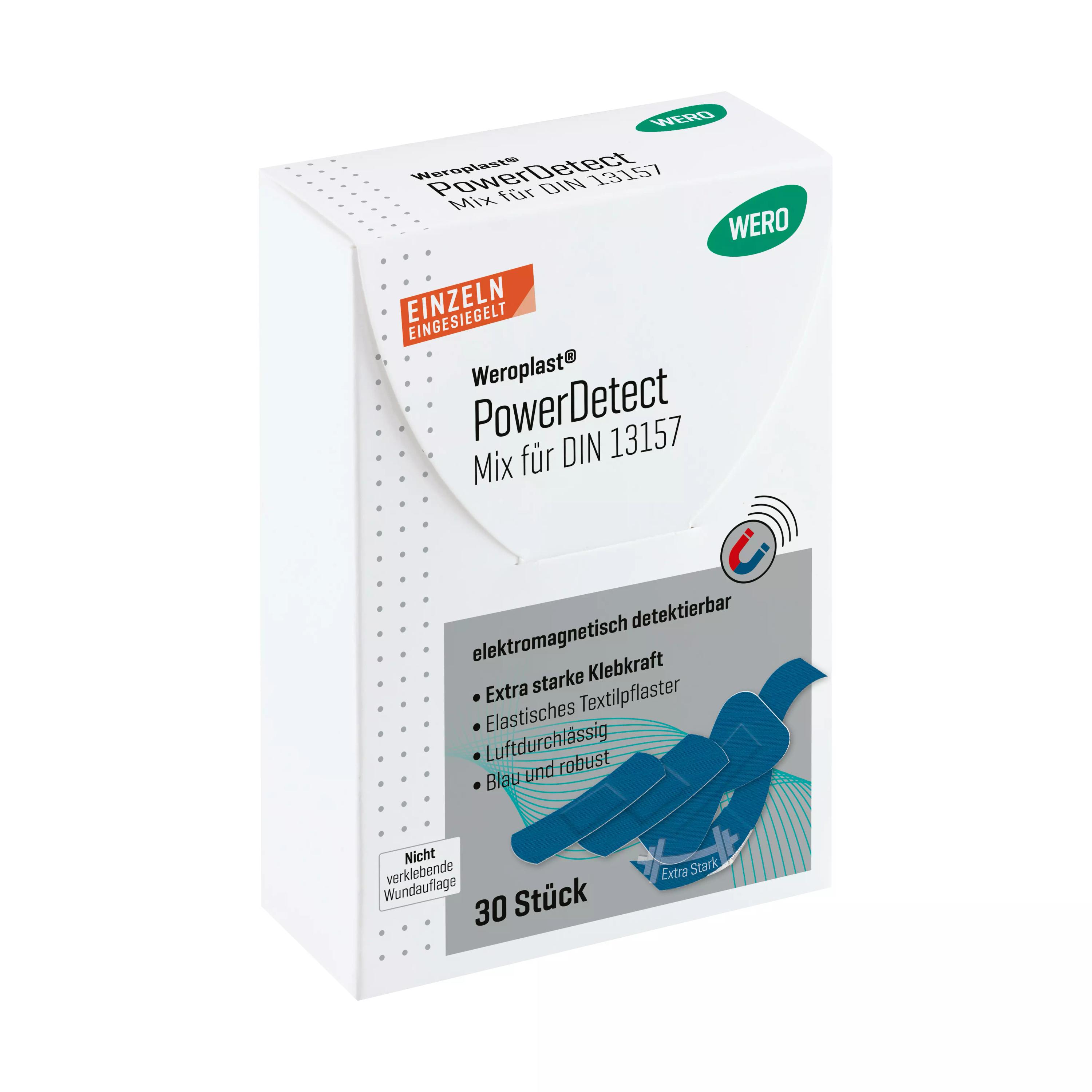 Aufrecht stehende Verpackung des Pflasterset Weroplast® PowerDetect - Mix DIN 13157 mit Magnetgrafik, blauer Detektierbarkeit und Aluminiumstreifen-Illustration.