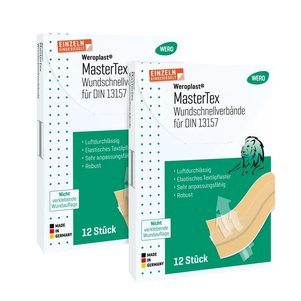 Zwei Weroplast MasterTex Wundschnellverbände DIN 13169 / DIN 14142 Boxen mit je 12 gebogenen, nicht haftenden Pflastern aus anpassungsfähigem, textilem Gewebe.