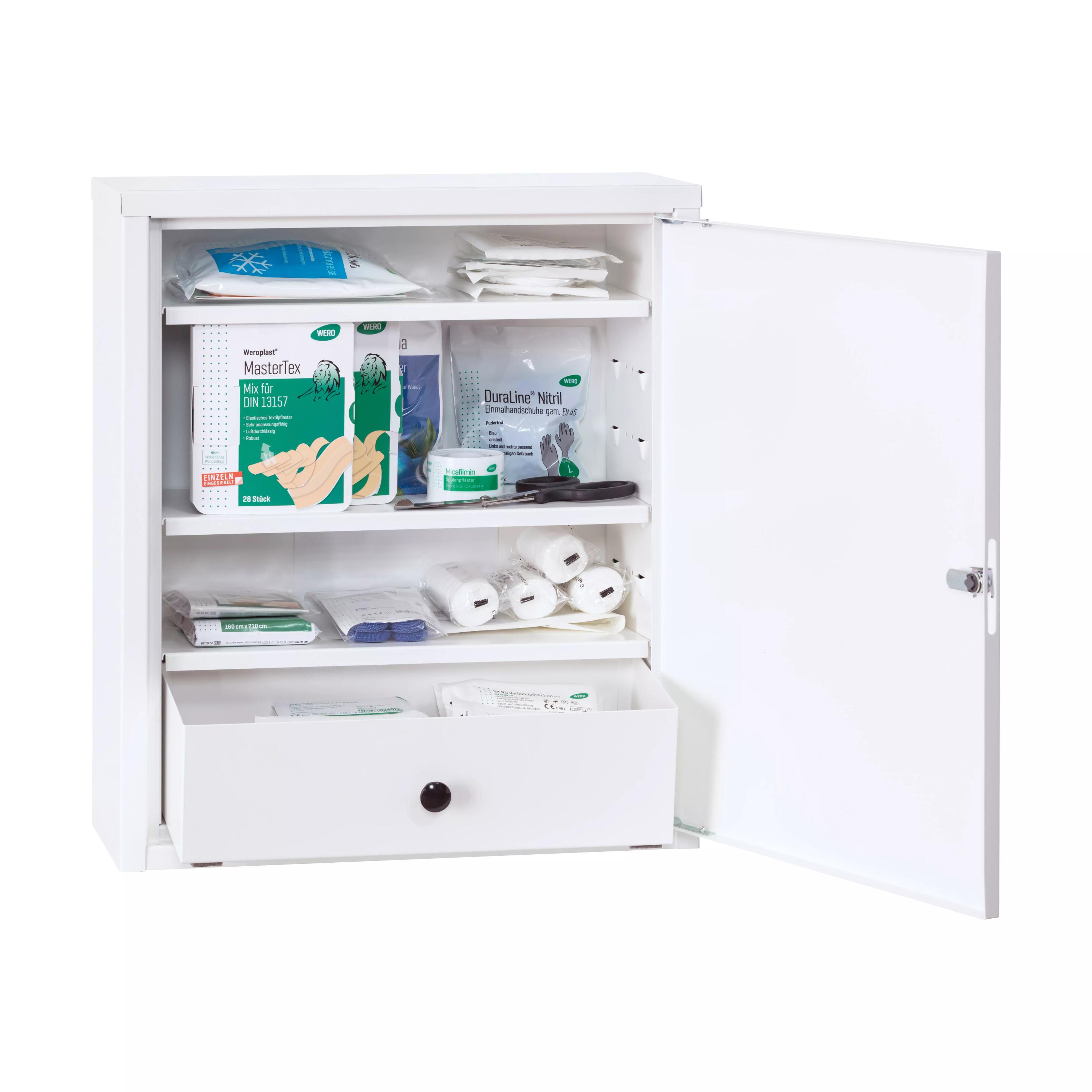 Offener WERO Verbandschrank Midi Xtra 222 mit drei verstellbaren Böden und einer Schublade, leer und übersichtlich strukturiert.