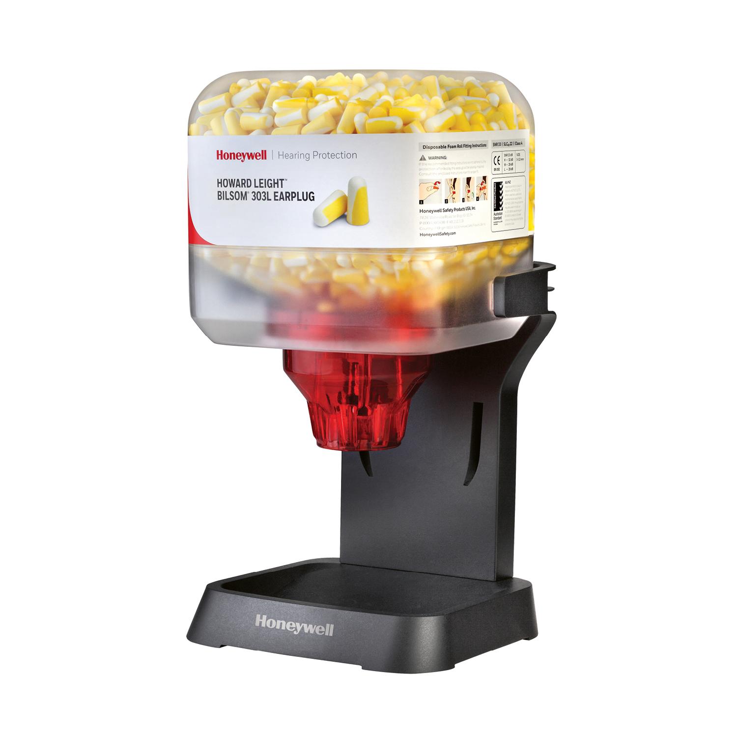 Ein Gehörschutzspender HL400, gefüllt mit 400 Paar gelb-weiß gestreiften Bilsom® 303 Gehörschutzstöpseln aus patentiertem Polyurethanschaum.