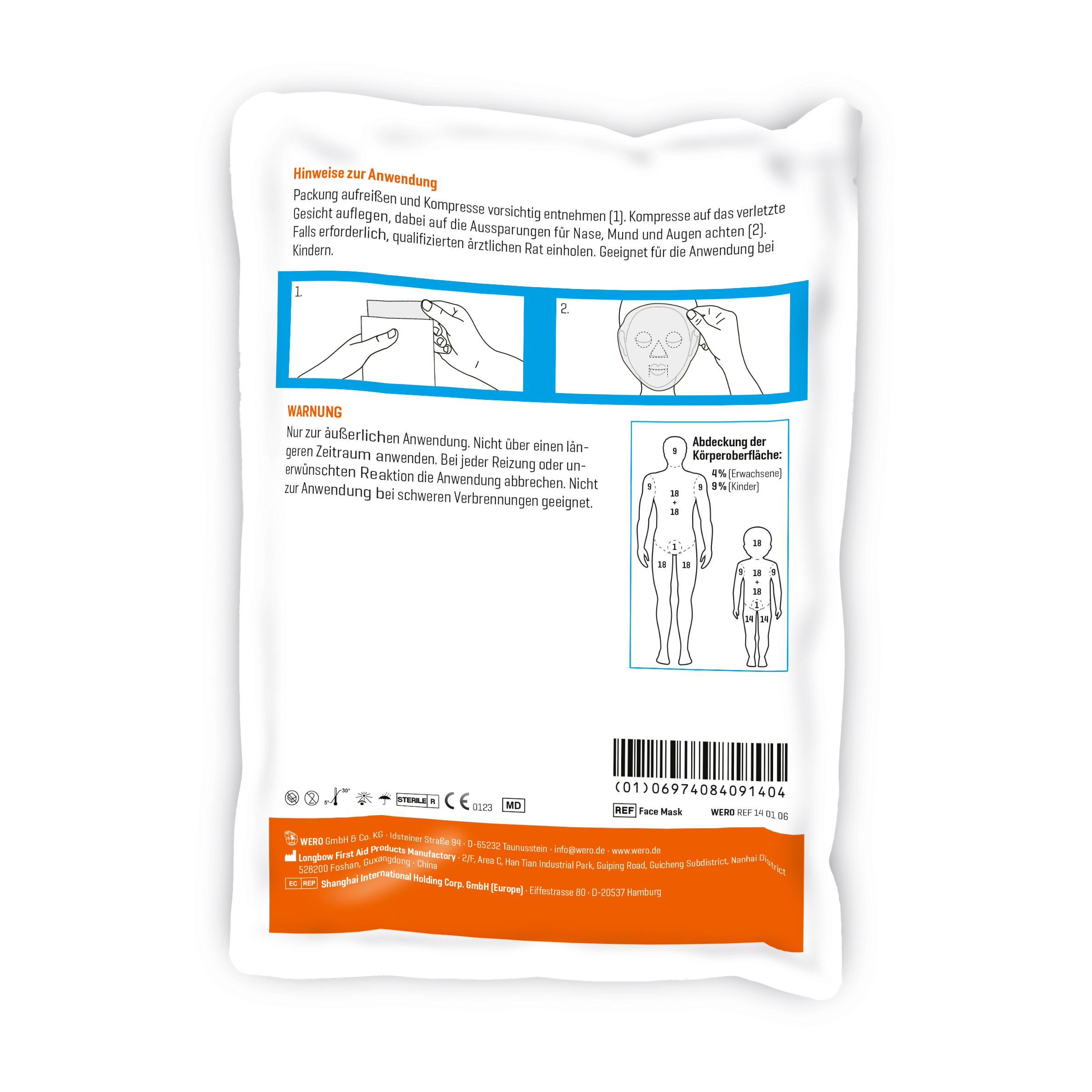 Transparenter Beutel mit Longhope First Aid Masken für Kinder, mehrsprachiger Anleitung, Warnhinweis, Hersteller- und Barcode-Aufdruck.
