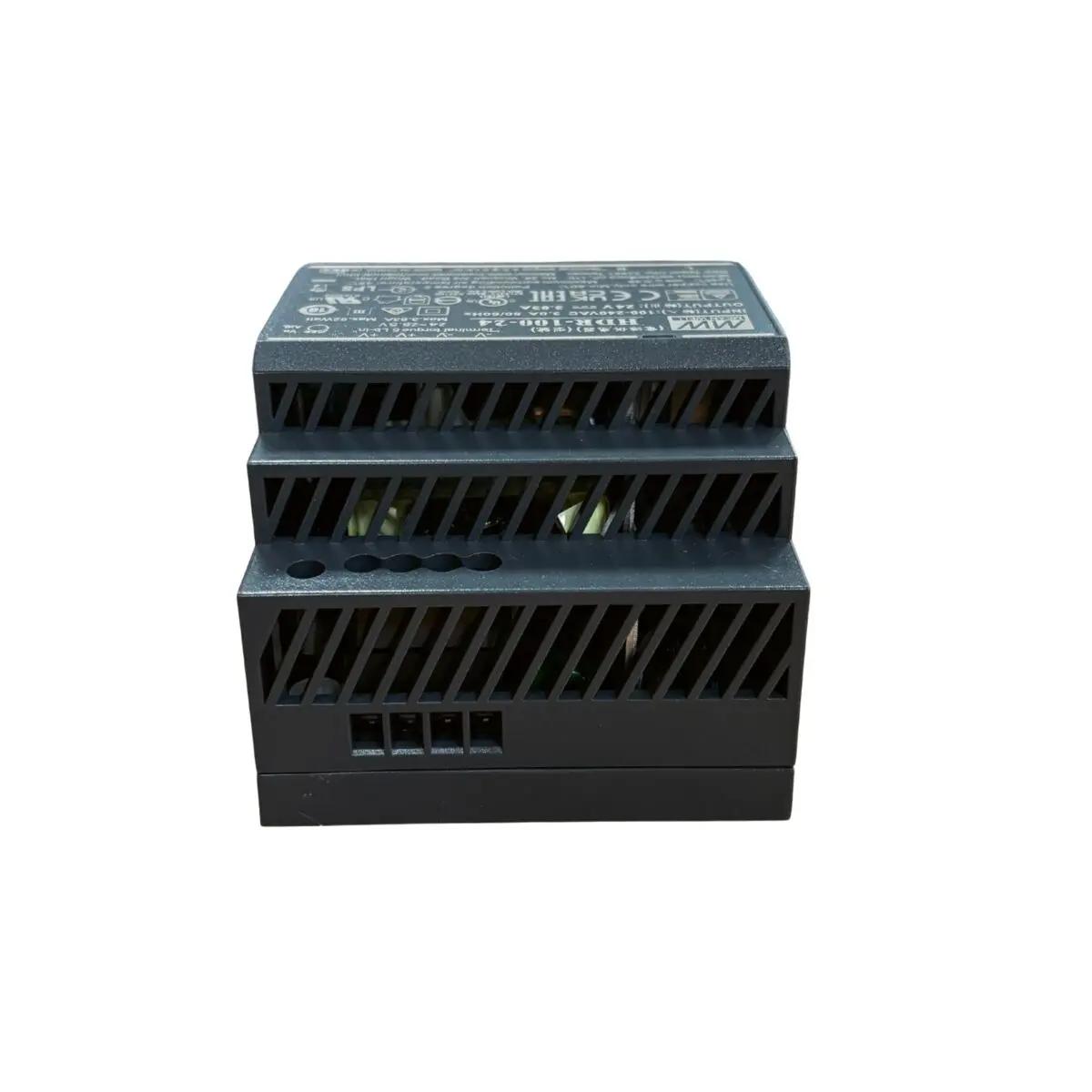 Schwarzes Netzteil mit Lüftungsschlitzen und Aufdruck, passend für den AED Outdoor-Schrank AIVIA 200, aus ABS und Polycarbonat gefertigt.