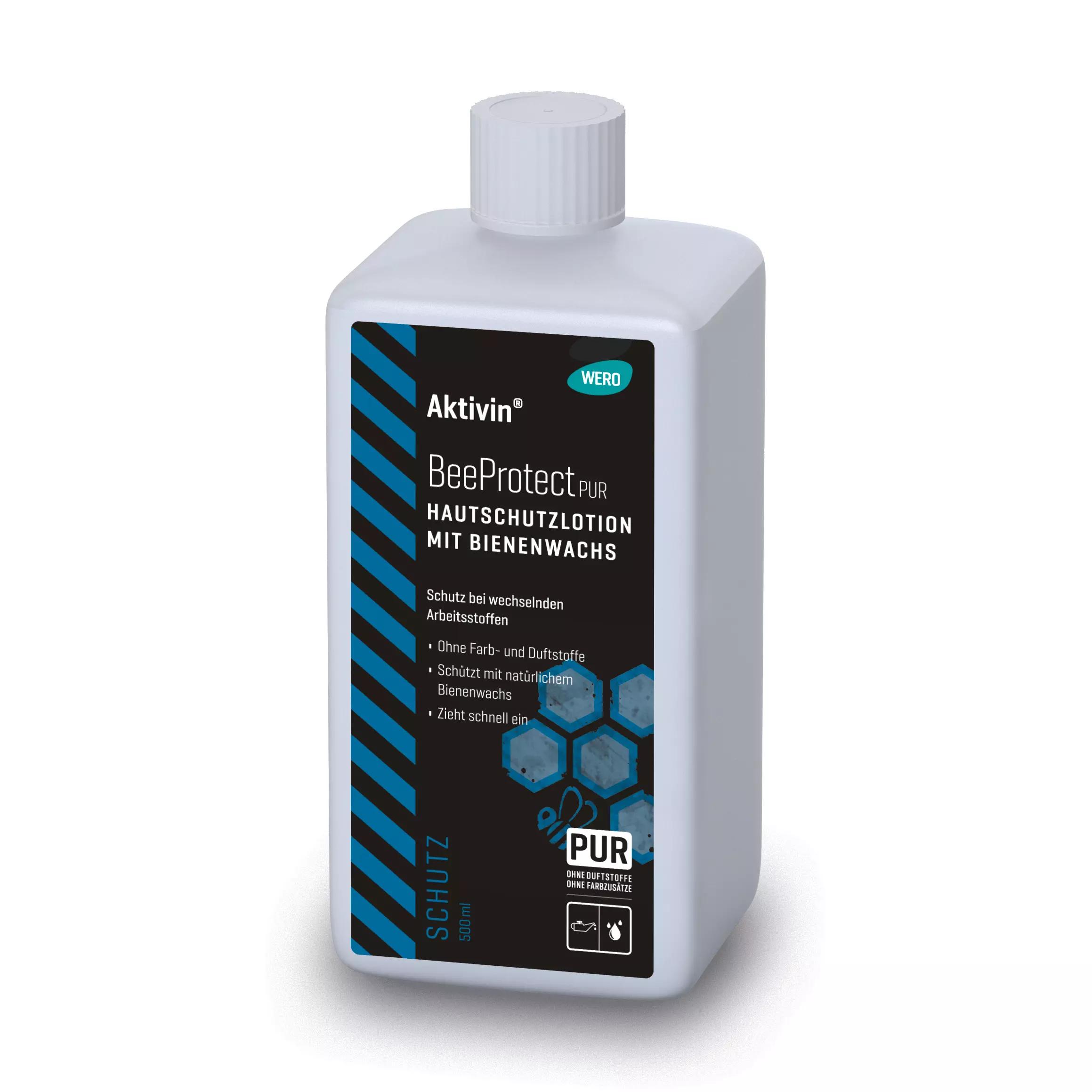 Weiße Euroflasche Hautschutzlotion Aktivin® BeeProtect PUR mit weißem Deckel, blauer Bienenwachs-Label und Bienenmotiv, 500 ml Inhalt.