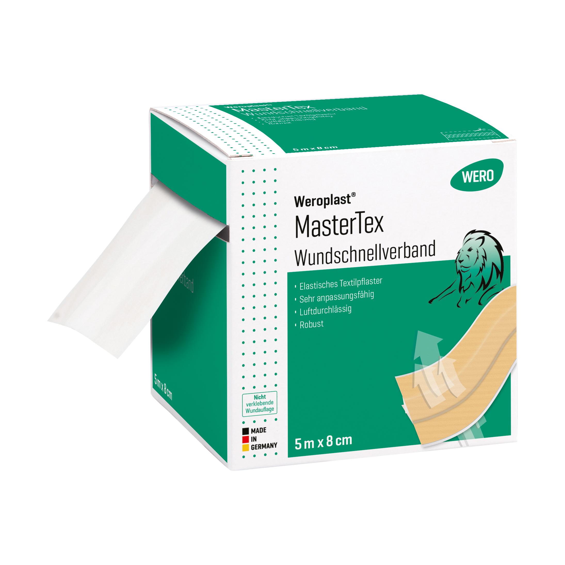 Eine Rolle Wundschnellverband Weroplast® MasterTex - 8 cm, 5 m in grün wirkt elastisch, passt sich gut an und befindet sich vor der passenden Schachtel.