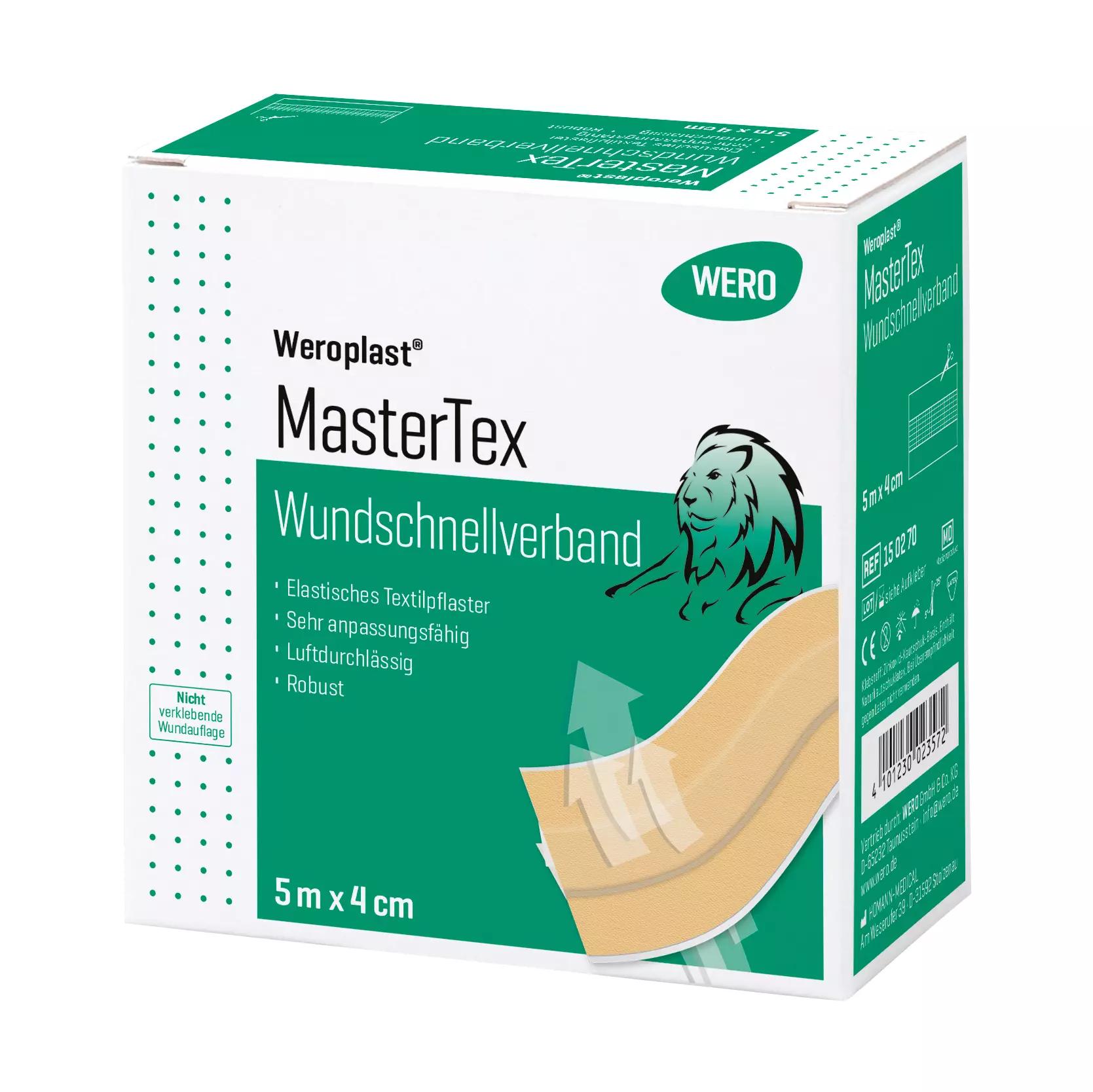 Weiße Box mit grünem Etikett „Weroplast MasterTex Wundschnellverband“, 5 m x 4 cm, schweiß- und reißfest, Löwen-Illustration.