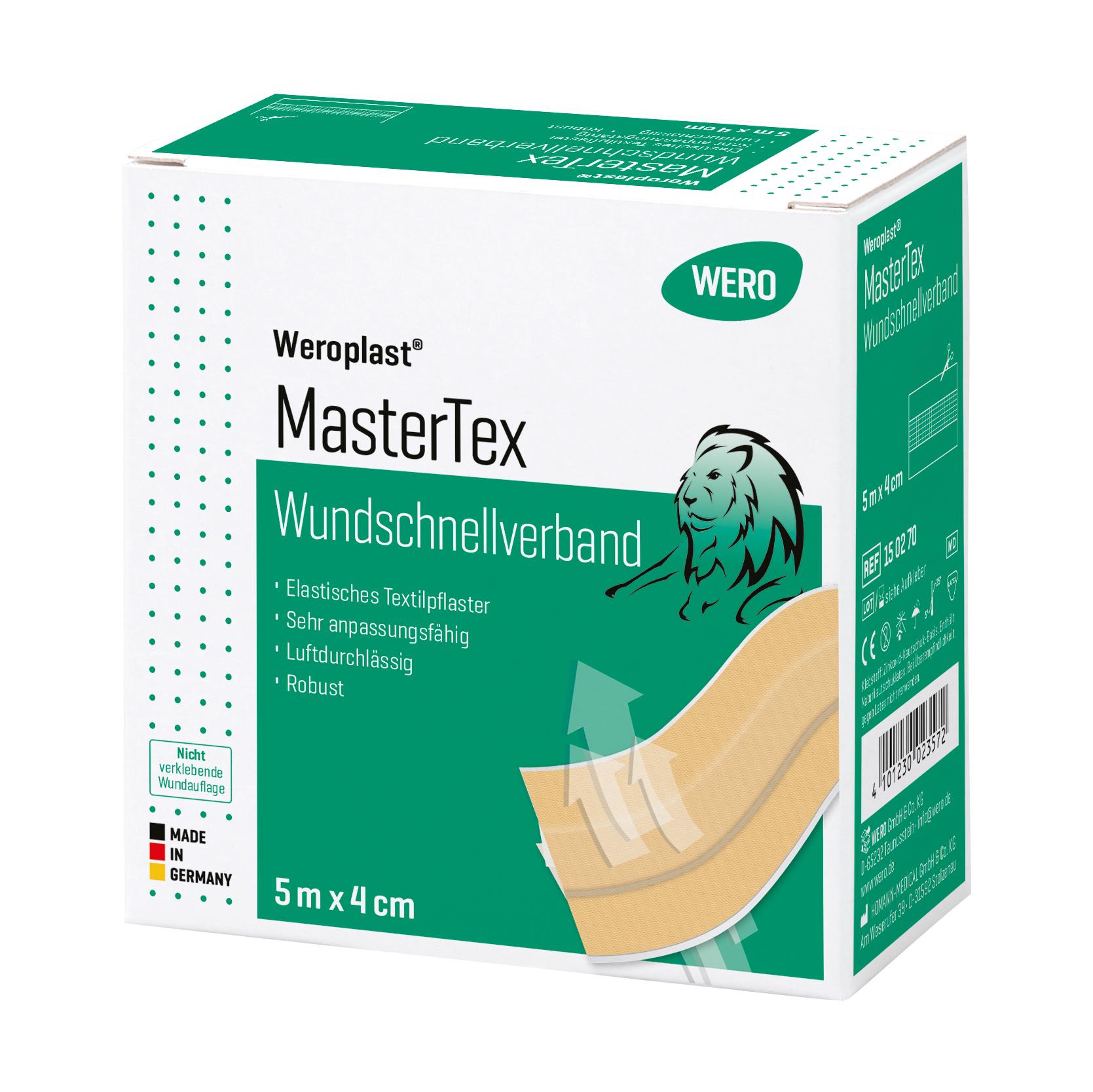 Weiße Box mit grünem Etikett „Weroplast MasterTex Wundschnellverband“, 5 m x 4 cm, schweiß- und reißfest, Löwen-Illustration.