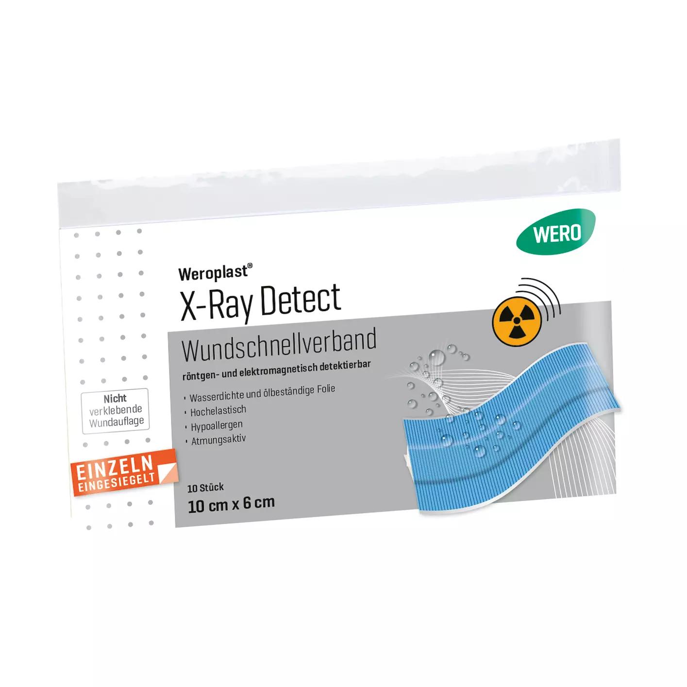 Wundschnellverband Weroplast® X-Ray Detect 10 Stk, rechteckige weiß-graue Verpackung mit Hinweis auf Metalldetektoren- und Röntgenerkennung.