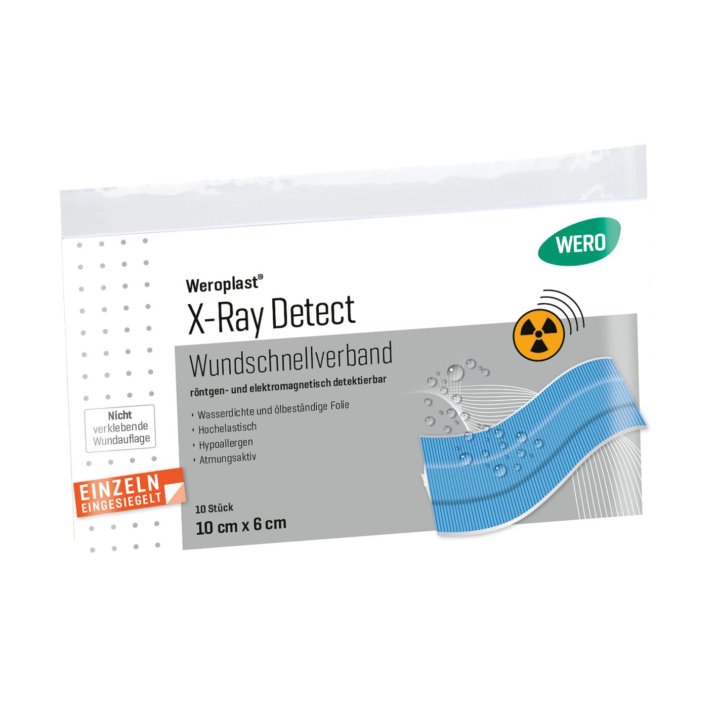 Wundschnellverband Weroplast® X-Ray Detect 10 Stk, rechteckige weiß-graue Verpackung mit Hinweis auf Metalldetektoren- und Röntgenerkennung.