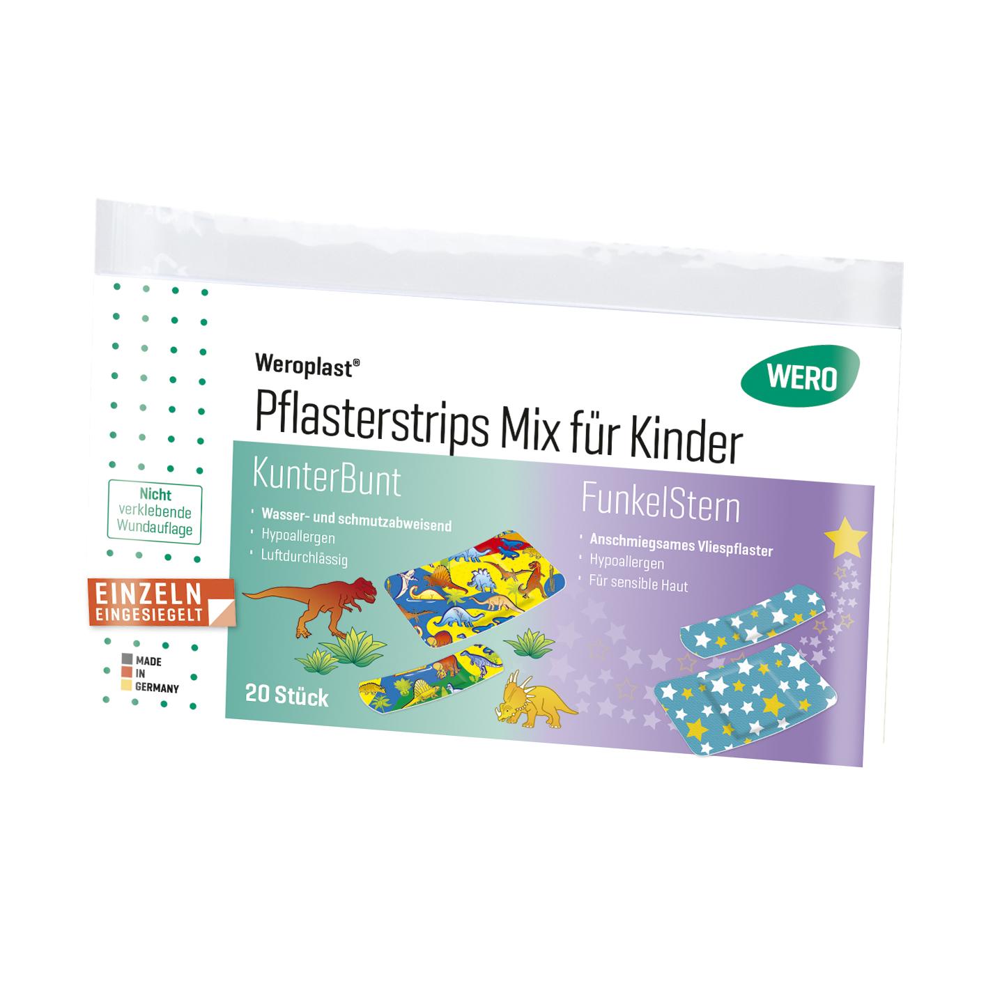 Eine Weroplast® Pflasterstrips Mix für Kinder, 20 Stk Packung mit buntem Dino-Design, wasser- und schmutzabweisend sowie hypoallergen für sensible Haut.