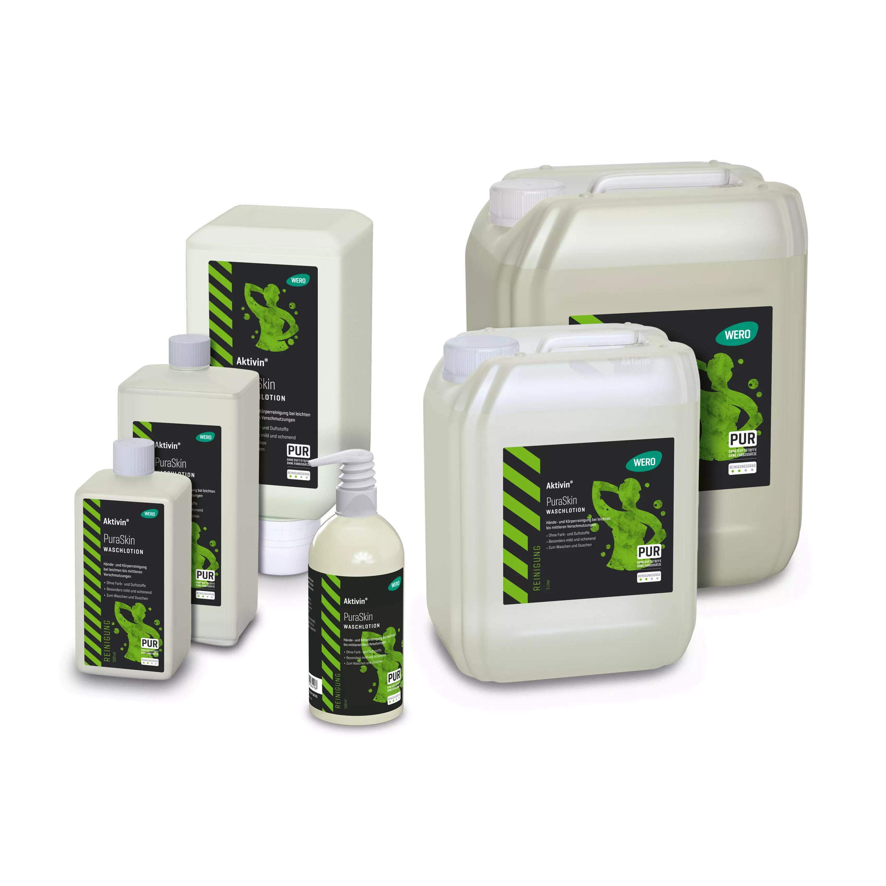 Sechs weiße Flaschen Waschlotion Aktivin® PuraSkin - Probiergröße, 50 ml, parfüm- und farbstofffrei, stehen ordentlich nebeneinander.
