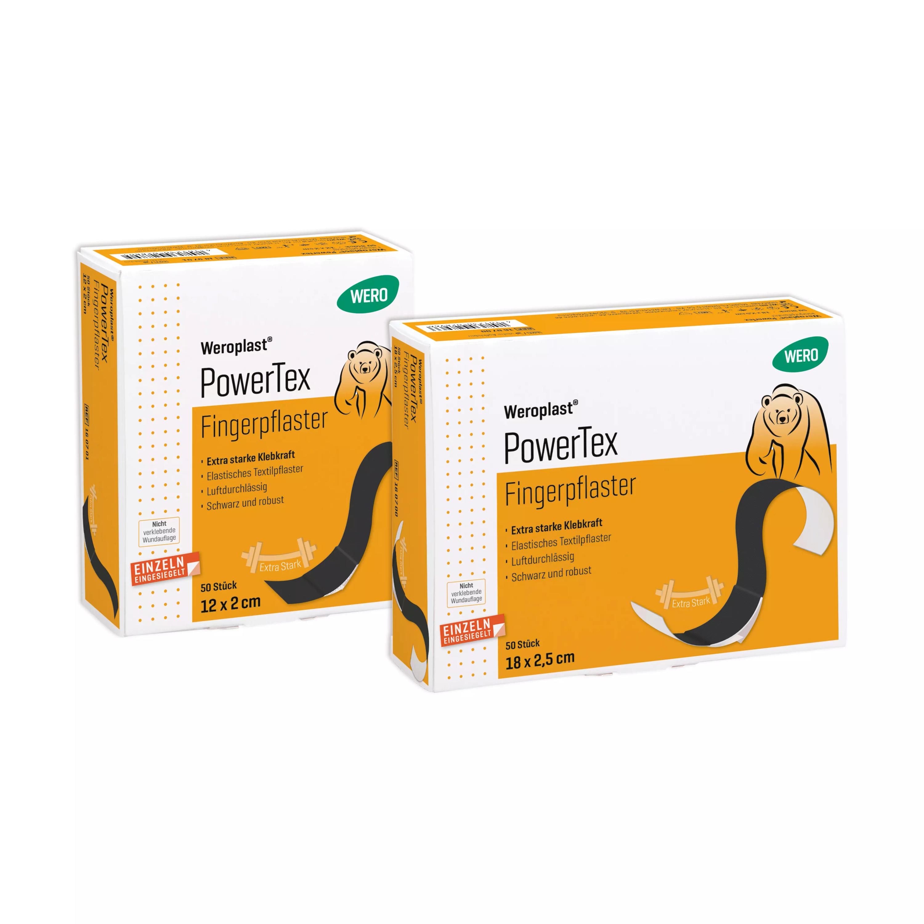 Zwei orange-weiße Schachteln Fingerpflaster Weroplast® PowerTex mit verstärkter Klebkraft und robustem Gewebe, je 50 Stück, nebeneinander stehend.