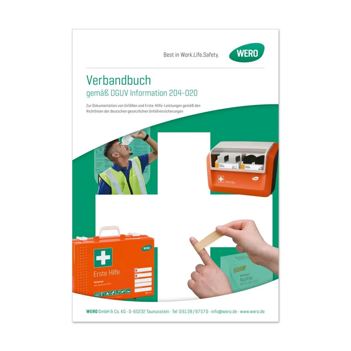 WERO Verbandbuch - DIN A5 Poster mit grün-orange Gestaltung, Firmenlogo, Bildern zu Erste-Hilfe, Musterseite und Hinweis auf DGUV Information 204-020.