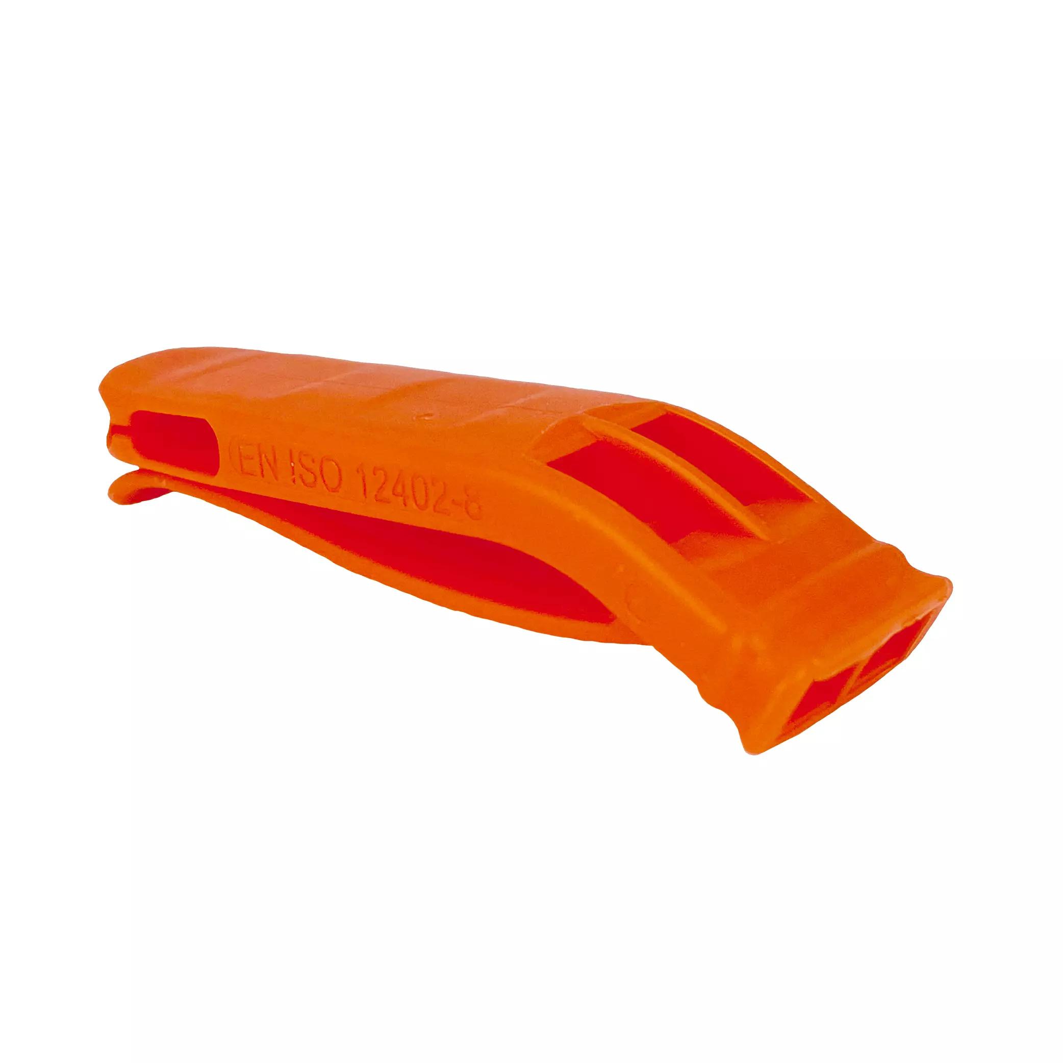 Orangefarbene Kunststoffpfeife mit gebogenem Griff, zwei Schlitzen und EN ISO 12402-8 Kennzeichnung für Sicherheitsstandards.