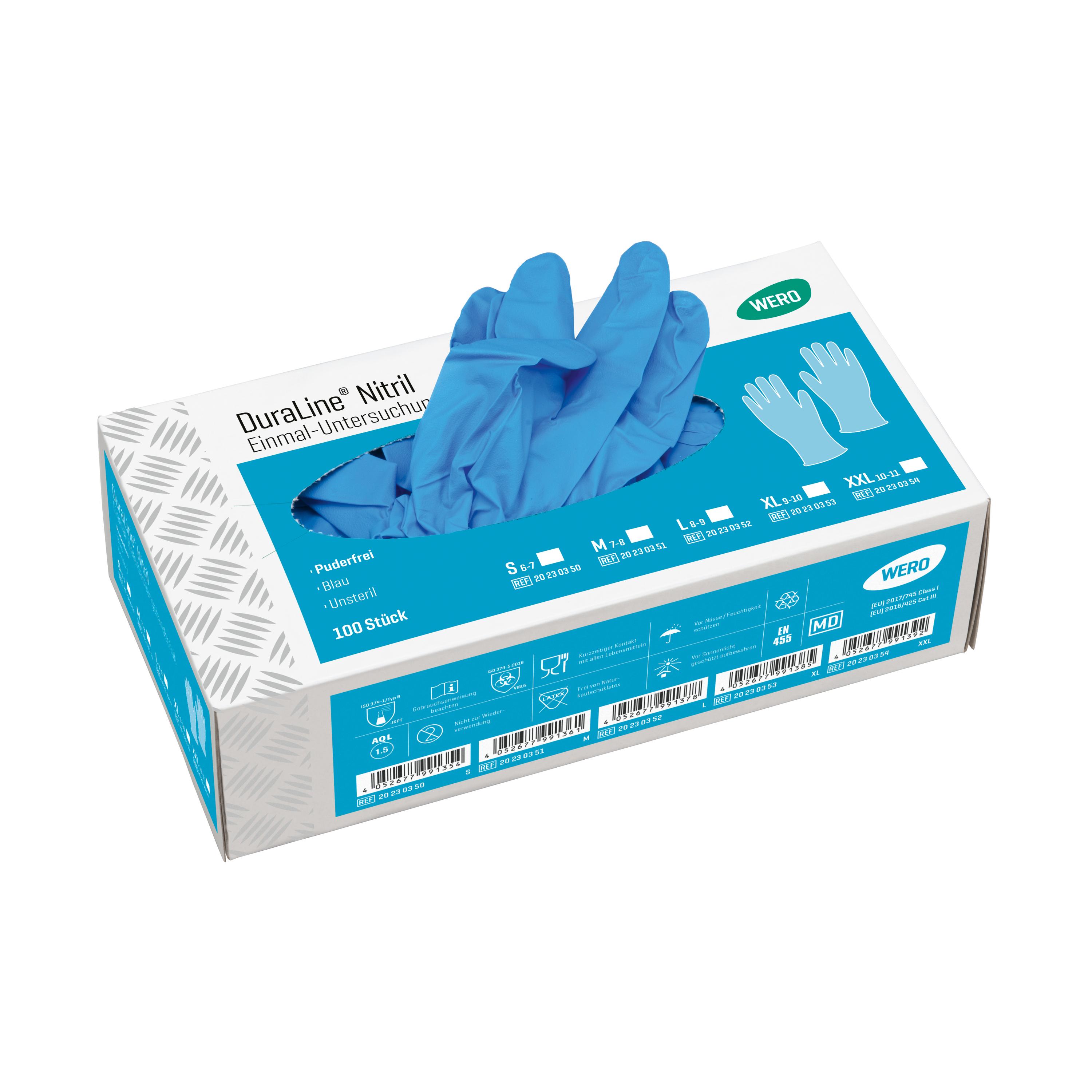 WERO DuraLine® Nitril Einmal-Untersuchungshandschuh in Blau, Größe XXL, in einer Box mit 100 Stück, allergiearm und mit angerauten Fingerspitzen.