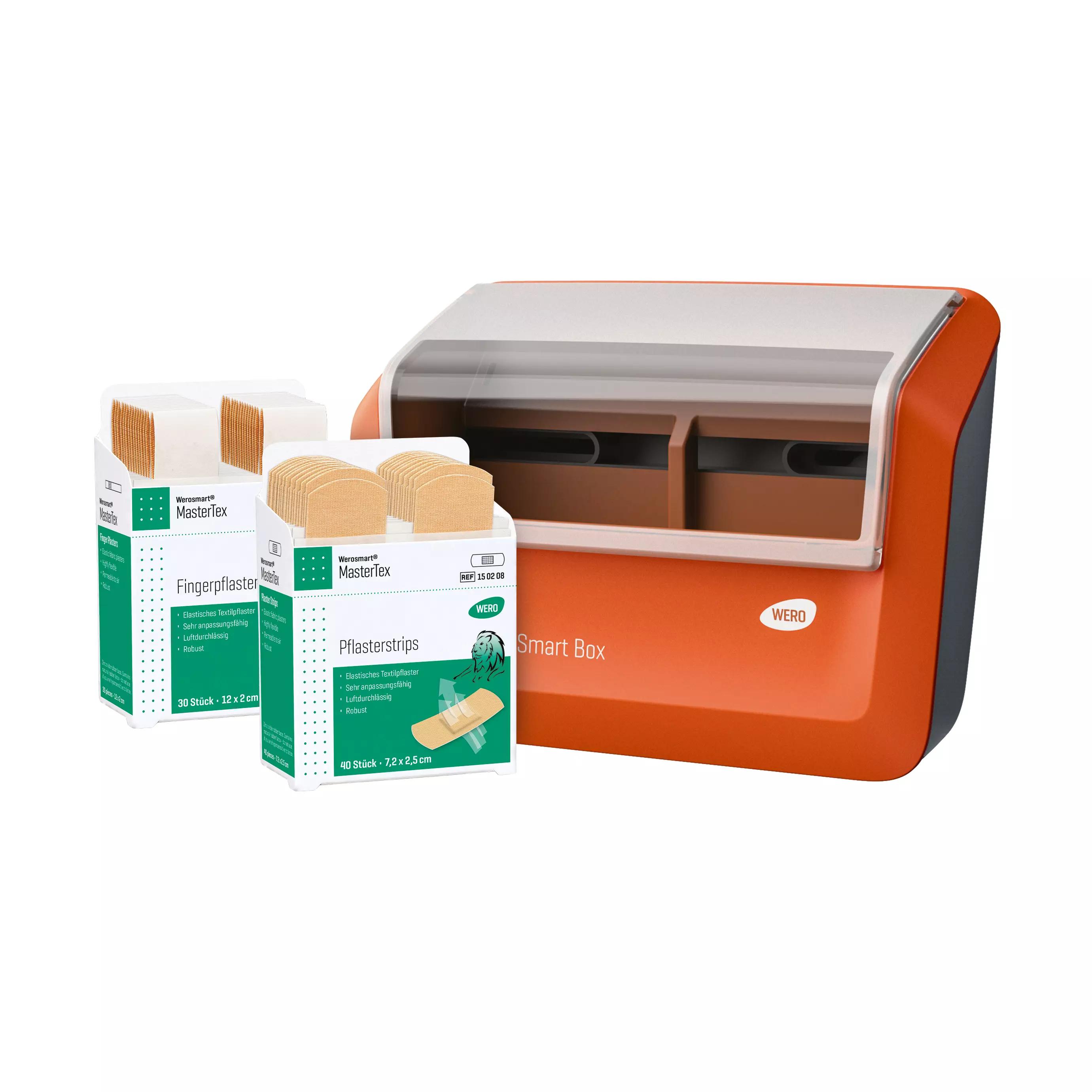 WERO Smart Box® Pflasterspender, orange-weiß mit durchsichtigem Fenster, gefüllt mit textilen, luftdurchlässigen MasterTex Pflasterstrips.