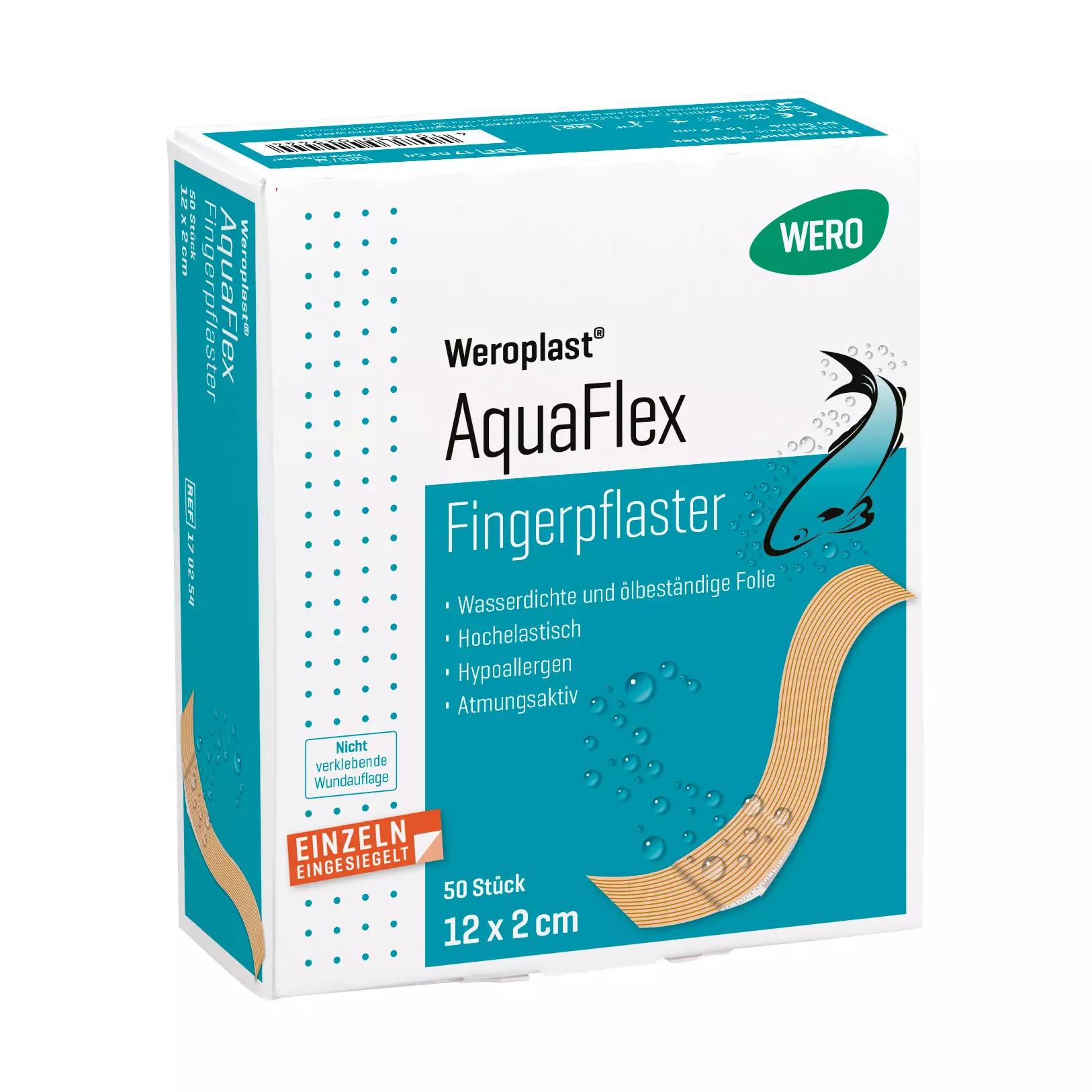 Eine Packung Fingerpflaster Weroplast® AquaFlex enthält wasserdichte, superelastische und flexible Fingerpflaster für den optimalen Wundschutz.