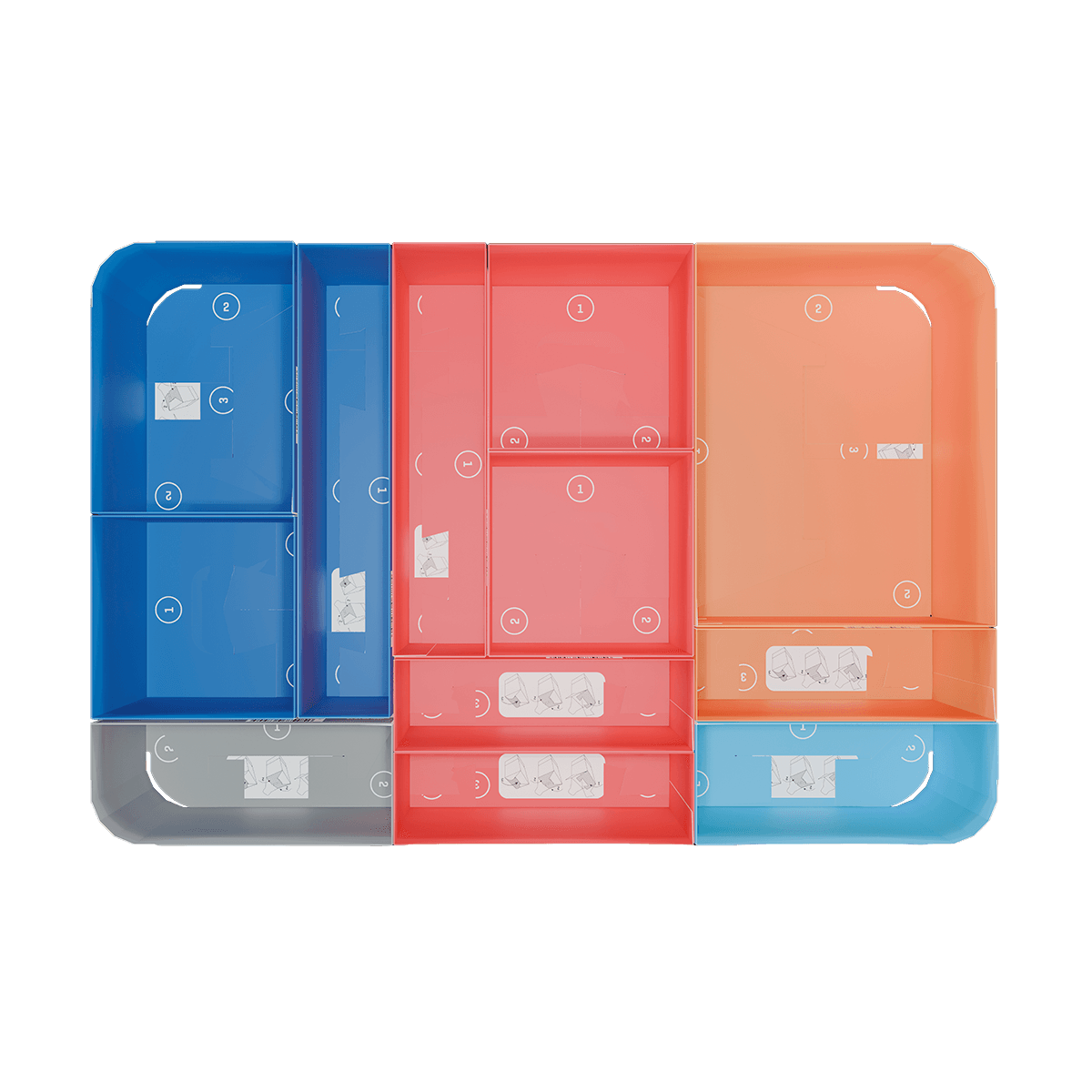 Sechs stapelbare Kunststoffboxen mit durchsichtigem Deckel, kleinem Lüftungsloch und weißem Etikett in Blau, Rot, Orange und Hellblau.
