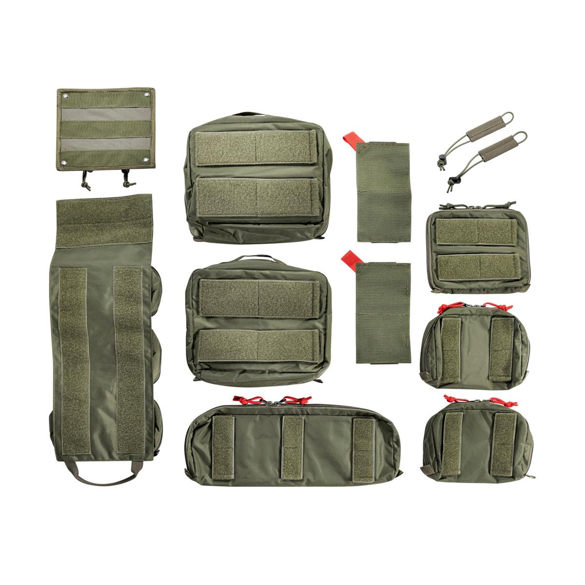 TT Modular Medic Insert 30 VL bestehend aus verschiedenen grünen Zubehörtaschen und elastischen Schlaufen, arrangiert mit grauen Klettverschlüssen.