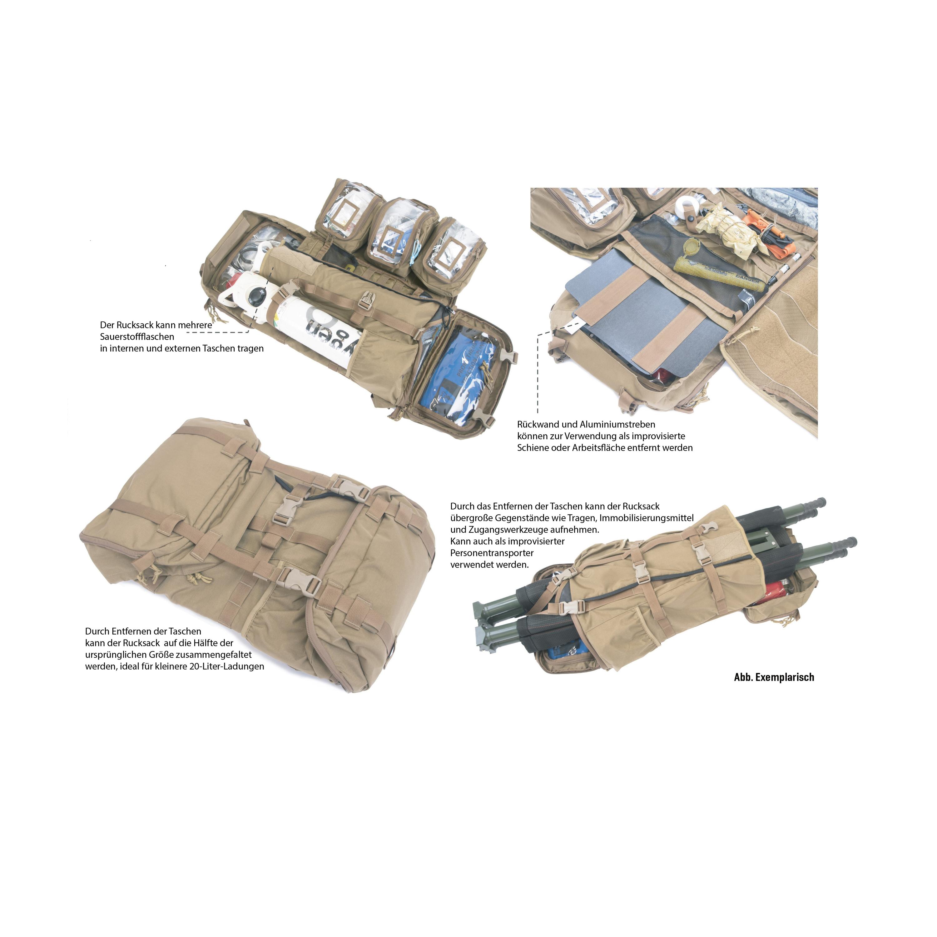 Prometheus Lacuna Medical Bergan Notfallrucksack – L, Schwarz mit schnell zu öffnendem System, unabhängig zugänglichen Fächern und sechs großen herausnehmbaren Taschen.