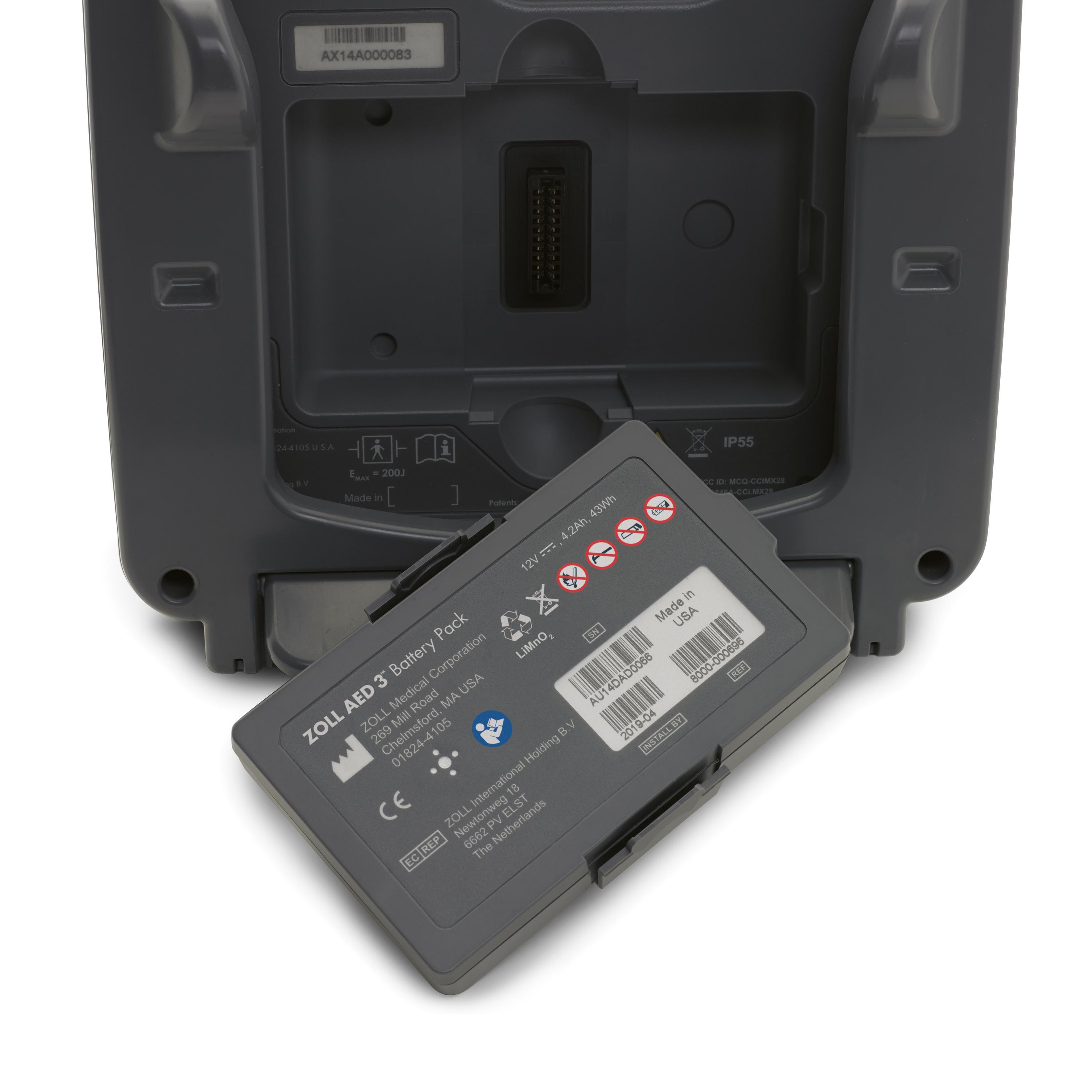 Schwarzer Defibrillator-Set ZOLL® AED 3, Halbautomat Batteriepack mit Warnhinweisen, robustem Gehäuse und IP65-geschütztem Anschluss.