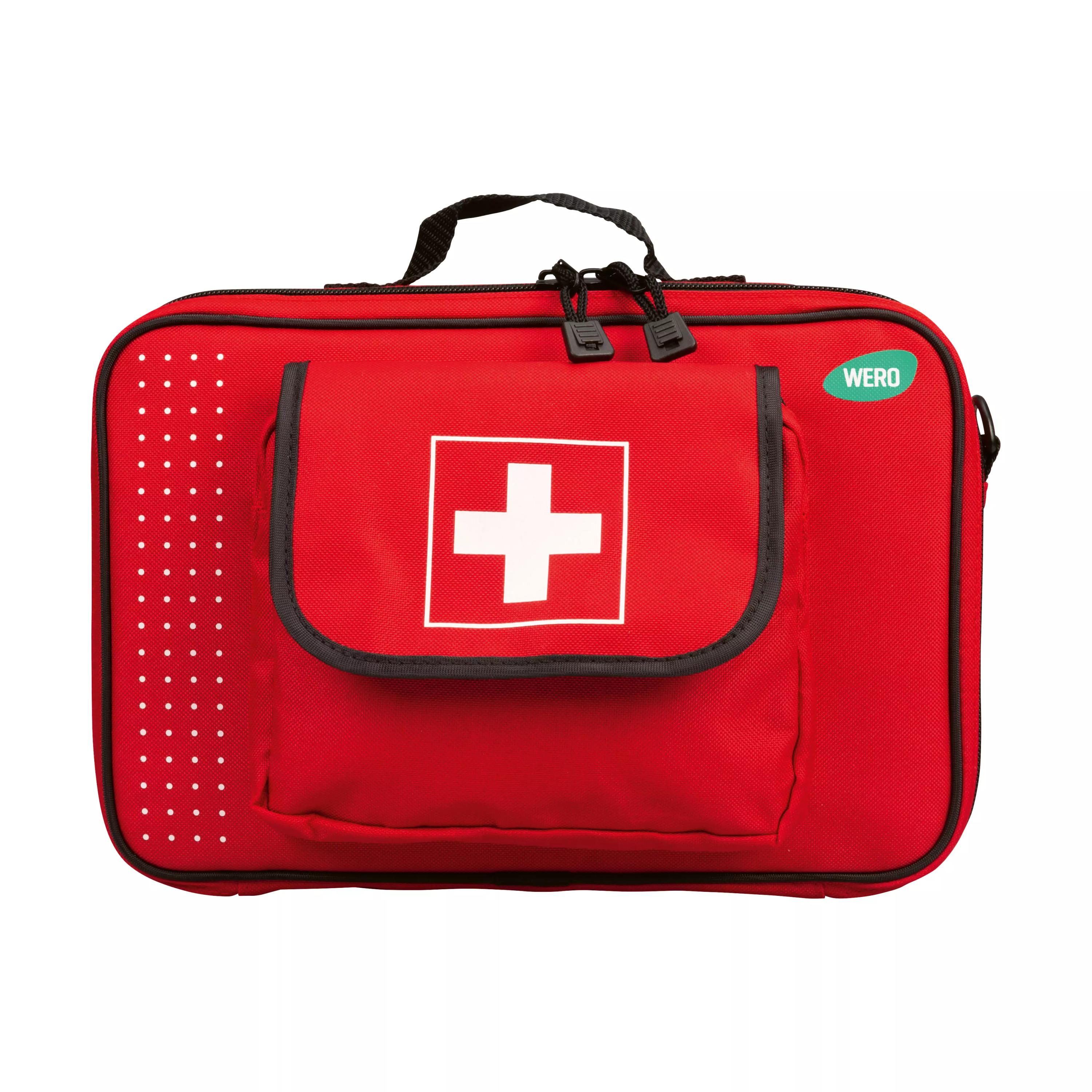 WERO Erste Hilfe Tasche - groß in leuchtendem Rot mit weißem Kreuz, schwarzem Griff, Doppelreißverschluss und Fronttasche mit Perforationsmuster.