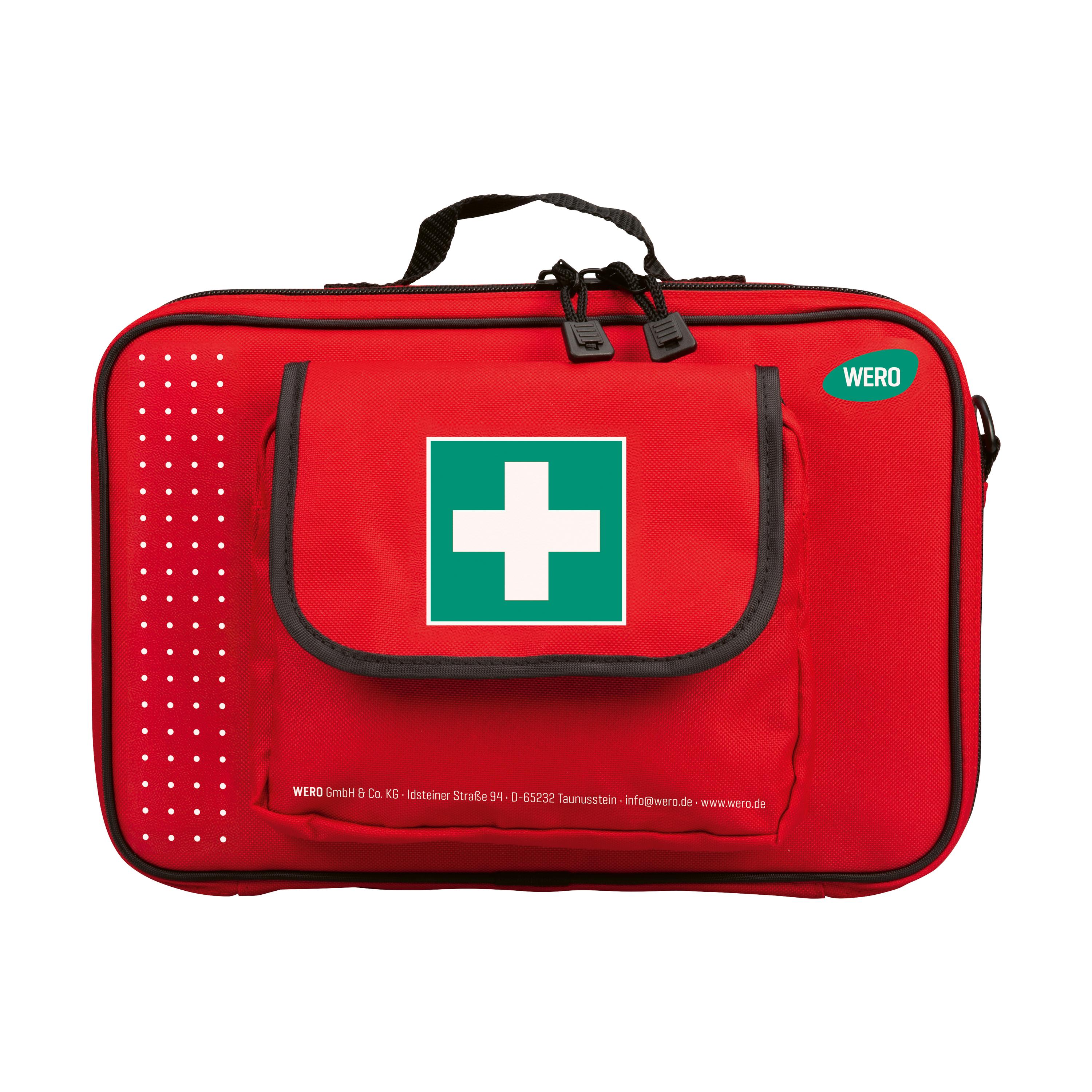 WERO Erste Hilfe Tasche - groß in leuchtendem Rot mit weißem Kreuz, schwarzem Griff, Doppelreißverschluss und Fronttasche mit Perforationsmuster.