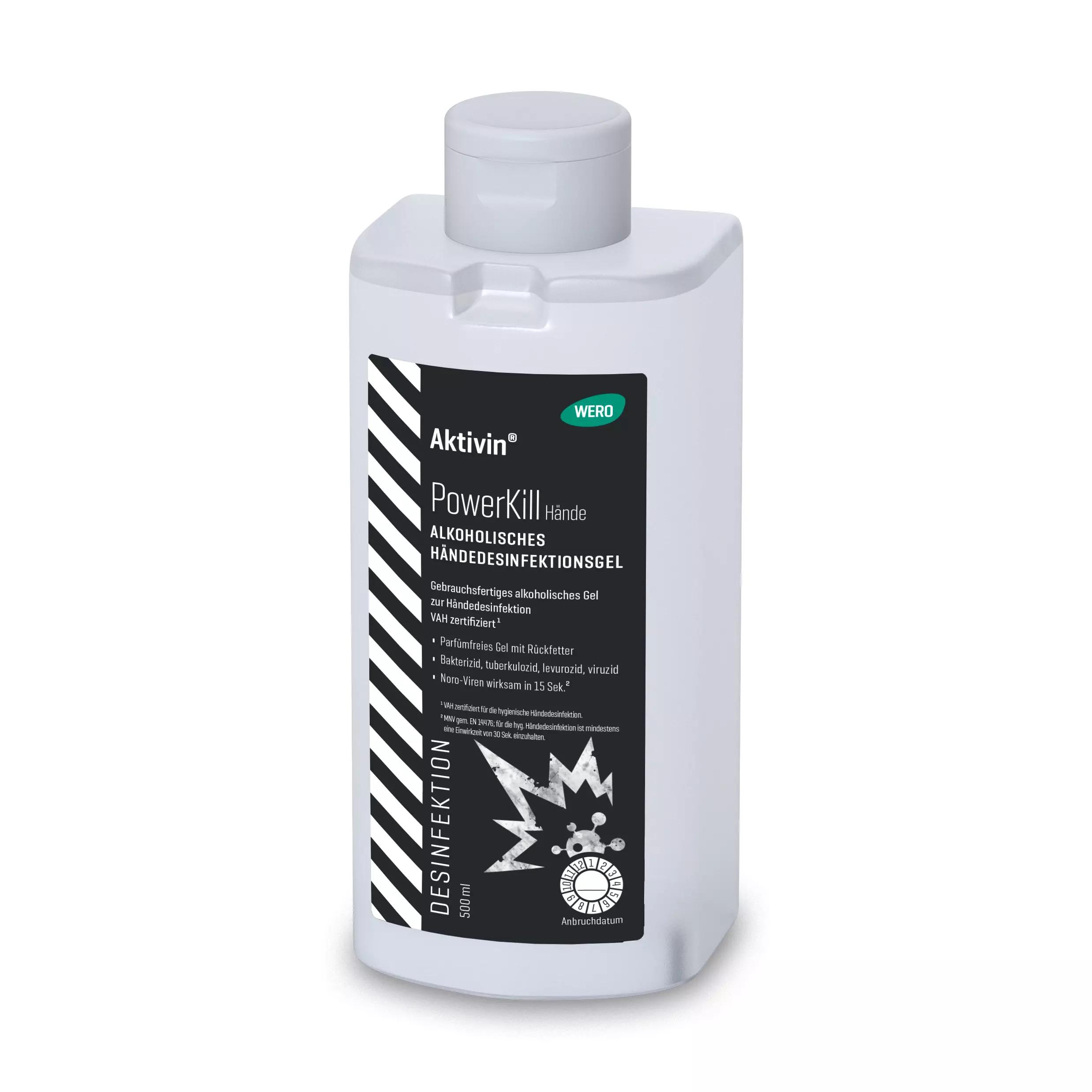 Eine 500-ml-Flasche Händedesinfektionsgel Aktivin® PowerKill mit silbernem Klappverschluss und schwarzem Etikett, geeignet zum Einreiben in trockene Hände.