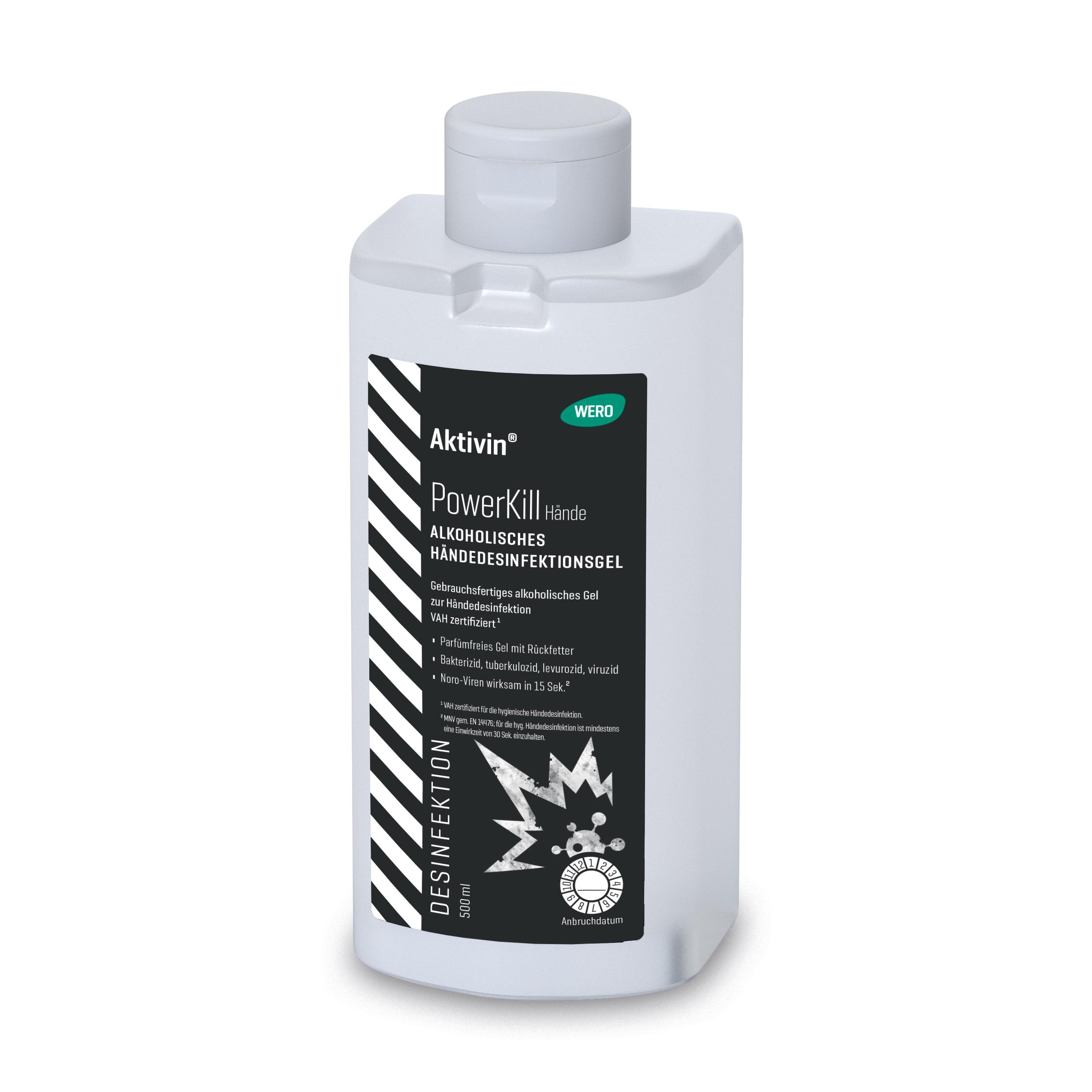 Eine 500-ml-Flasche Händedesinfektionsgel Aktivin® PowerKill mit silbernem Klappverschluss und schwarzem Etikett, geeignet zum Einreiben in trockene Hände.