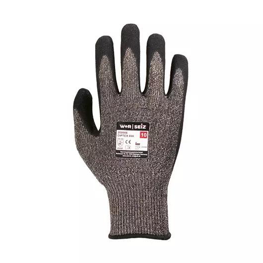Ein einzelner, flach liegender Schnittschutzhandschuh Diptex 666 - CUT F in Grau und Schwarz, gefertigt aus HPPE-Faser mit Nitrilschaum für Schnittschutz.