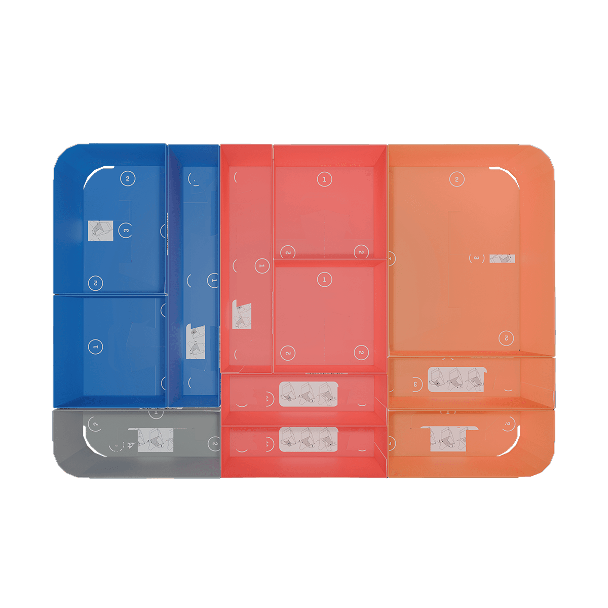 Drei Sortierboxen in Blau, Koralle und Orange mit runden Öffnungen und beschrifteten weißen Etiketten zur übersichtlichen Organisation.