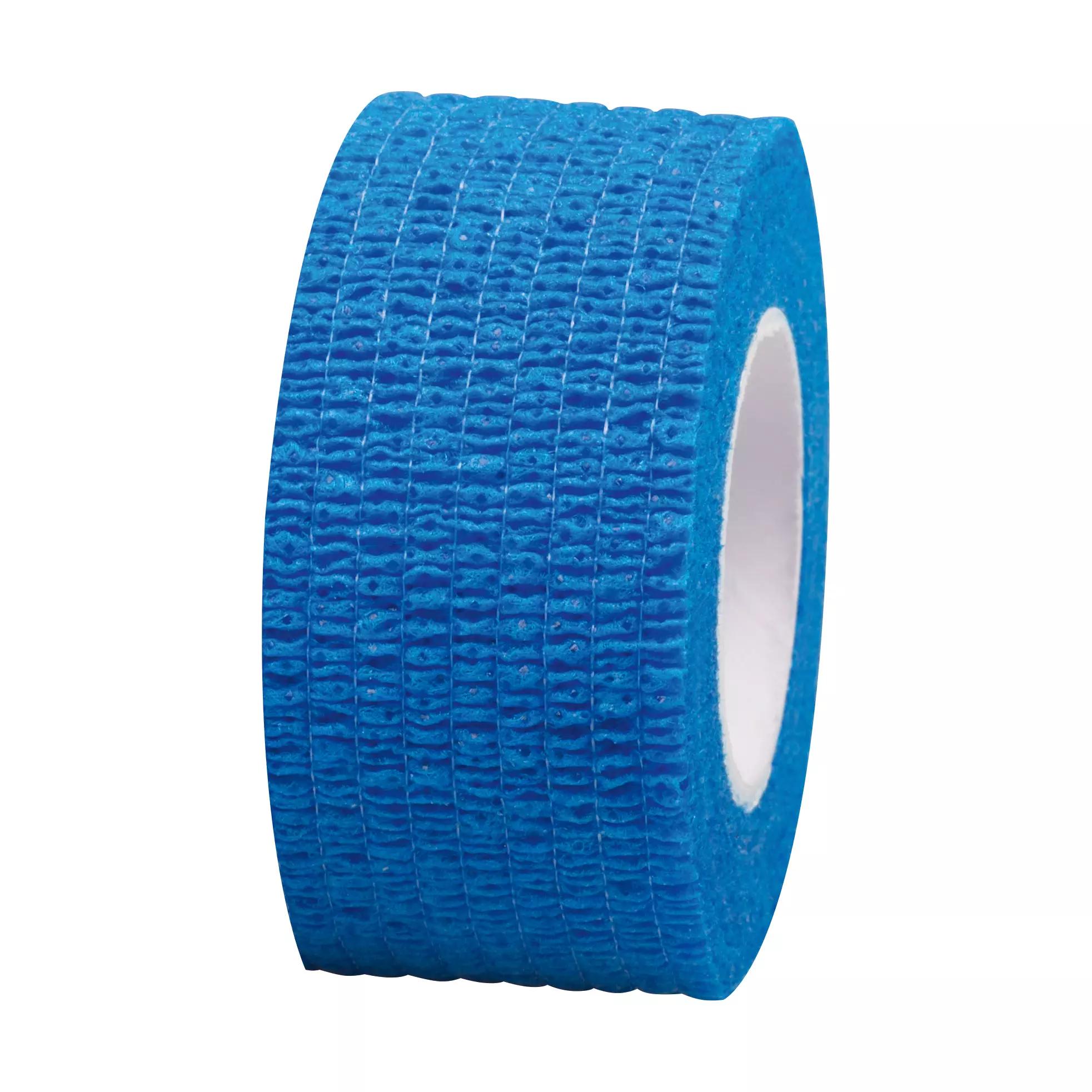Blaue, flexible medizinische Fixierbinde aus elastischem, leicht glänzendem Material mit weißer Rolle im Kern, seitlich abgebildet.