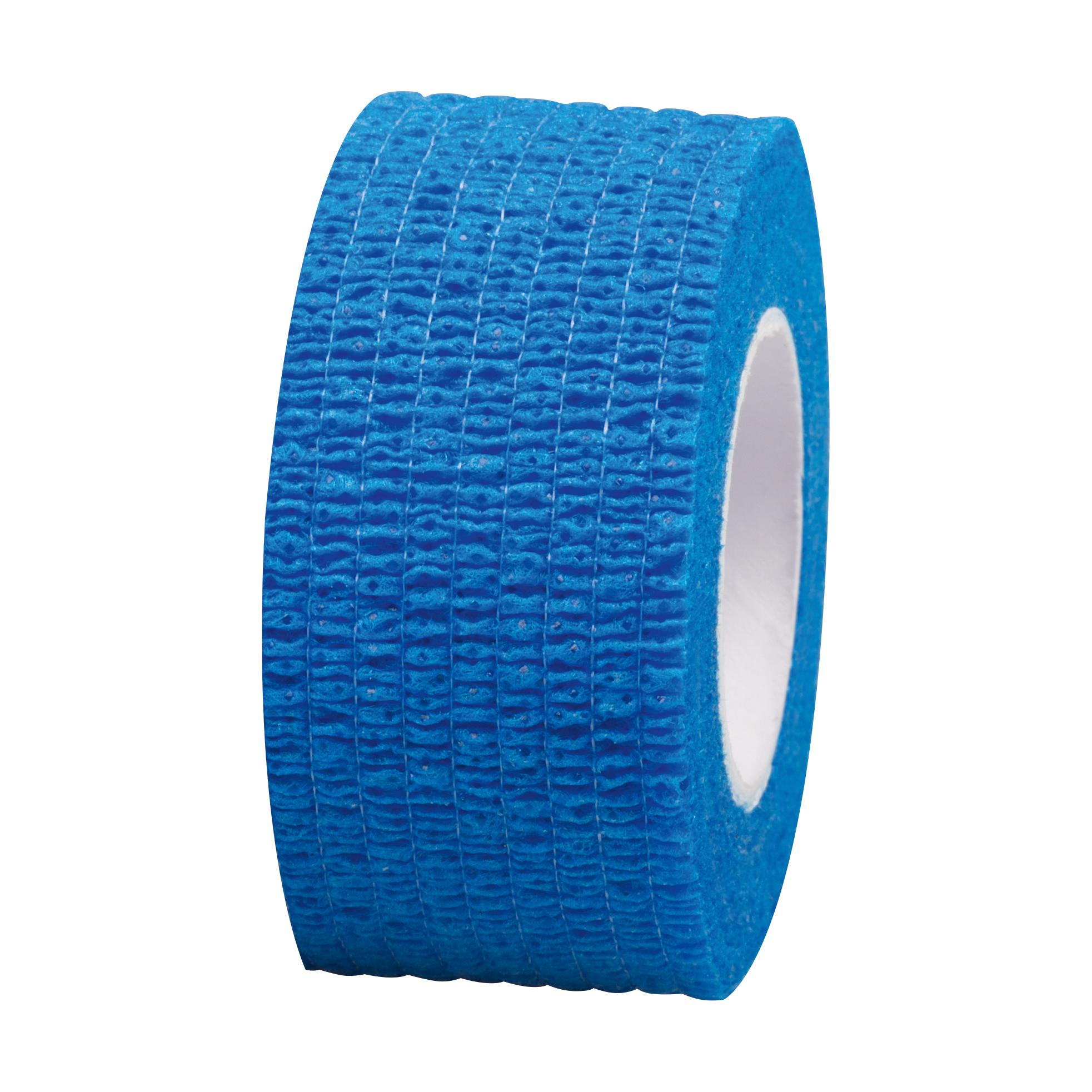 Blaue, flexible medizinische Fixierbinde aus elastischem, leicht glänzendem Material mit weißer Rolle im Kern, seitlich abgebildet.