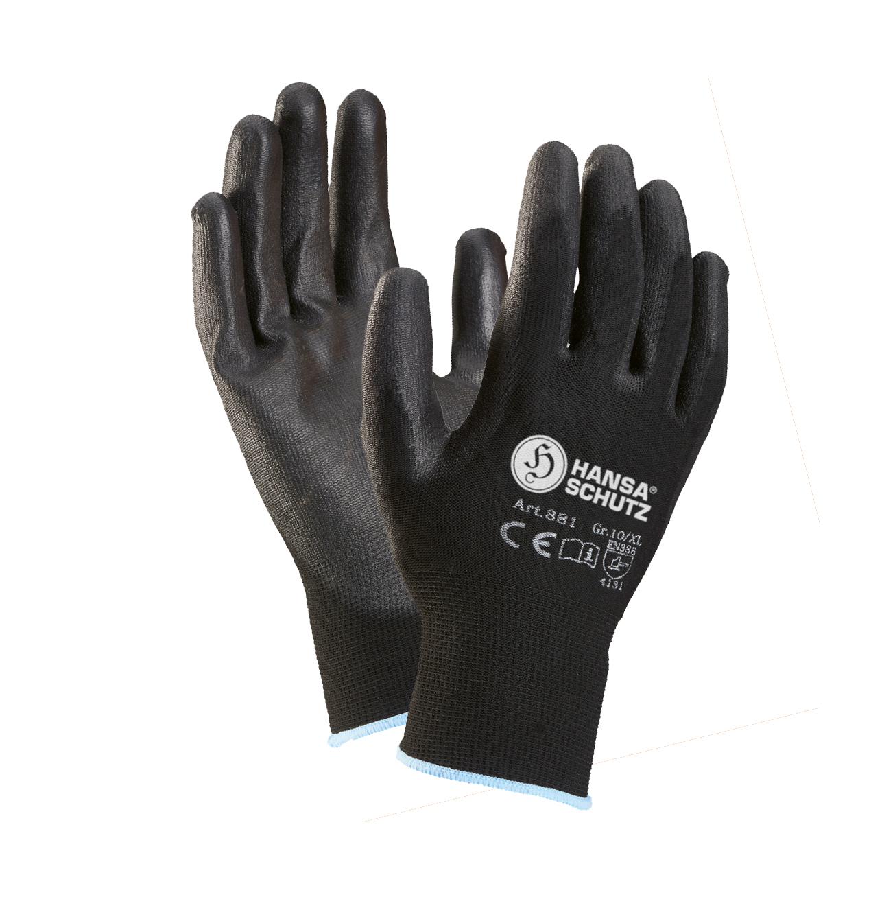 Zwei schwarze Nylon PU 881 Feinstrickhandschuhe mit PU-beschichteter Handfläche, hellblauem Saum und Hansa Schutz Logo auf dem Handgelenk.