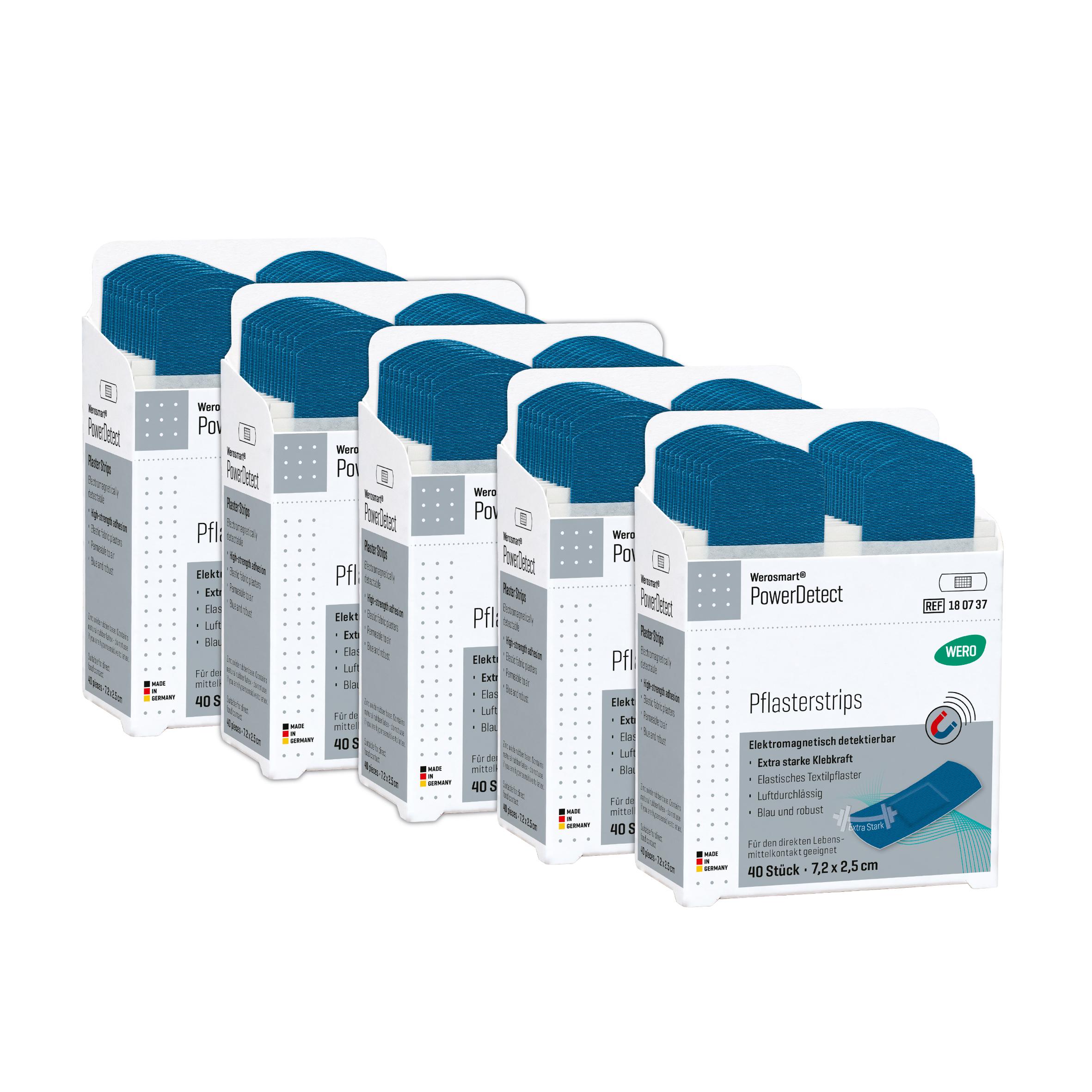Fünf Werosmart® PowerDetect Pflasterspender-Einsätze Pflasterstrips mit extra starker Klebekraft, blaue Farbe und elektromagnetisch detektierbar, nebeneinander angeordnet.