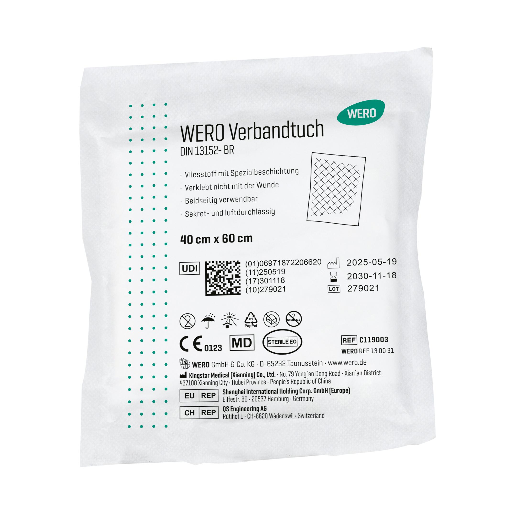Steril verpacktes WERO Verbandtuch DIN 13152, 40 x 60 cm, mit beidseitiger Beschichtung gegen Verkleben, leichtem Vliesstoff und luftdurchlässig.