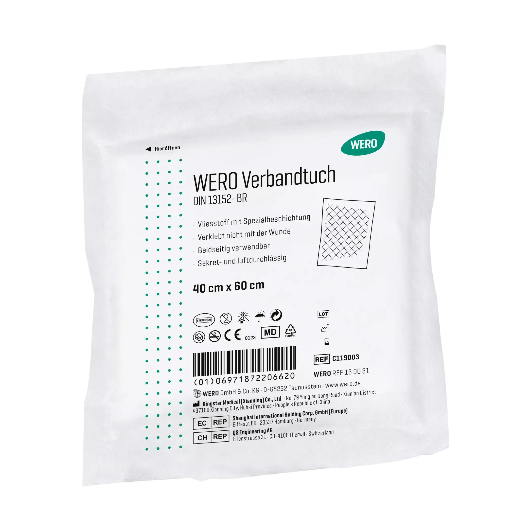 Steril verpacktes WERO Verbandtuch DIN 13152, 40 x 60 cm, mit beidseitiger Beschichtung gegen Verkleben, leichtem Vliesstoff und luftdurchlässig.