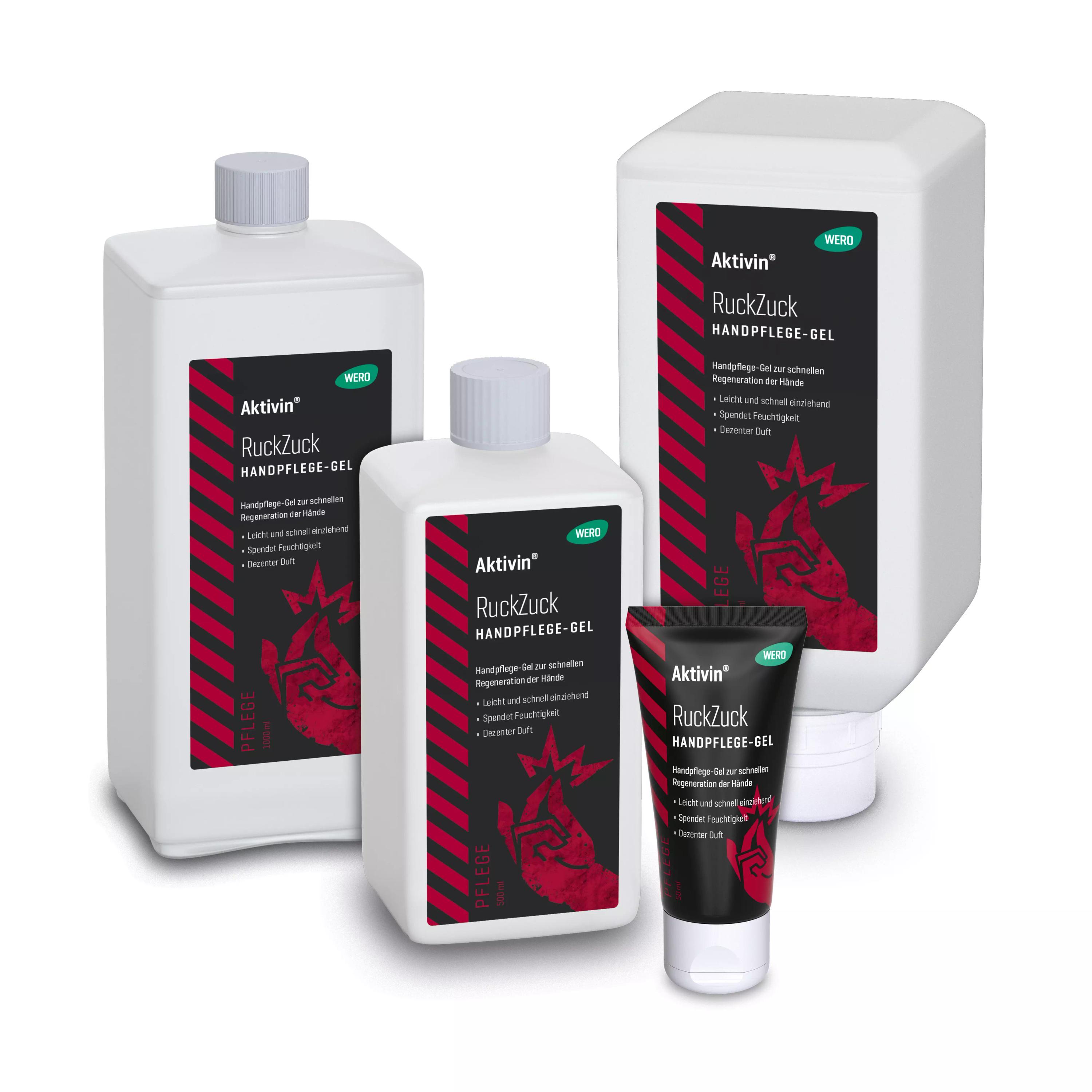 Viererpack Handpflege-Gel Aktivin® RuckZuck, weiße Flaschen und Tuben mit roten Streifen, jeweils mit Handmotiv für trockene, rissige Haut.