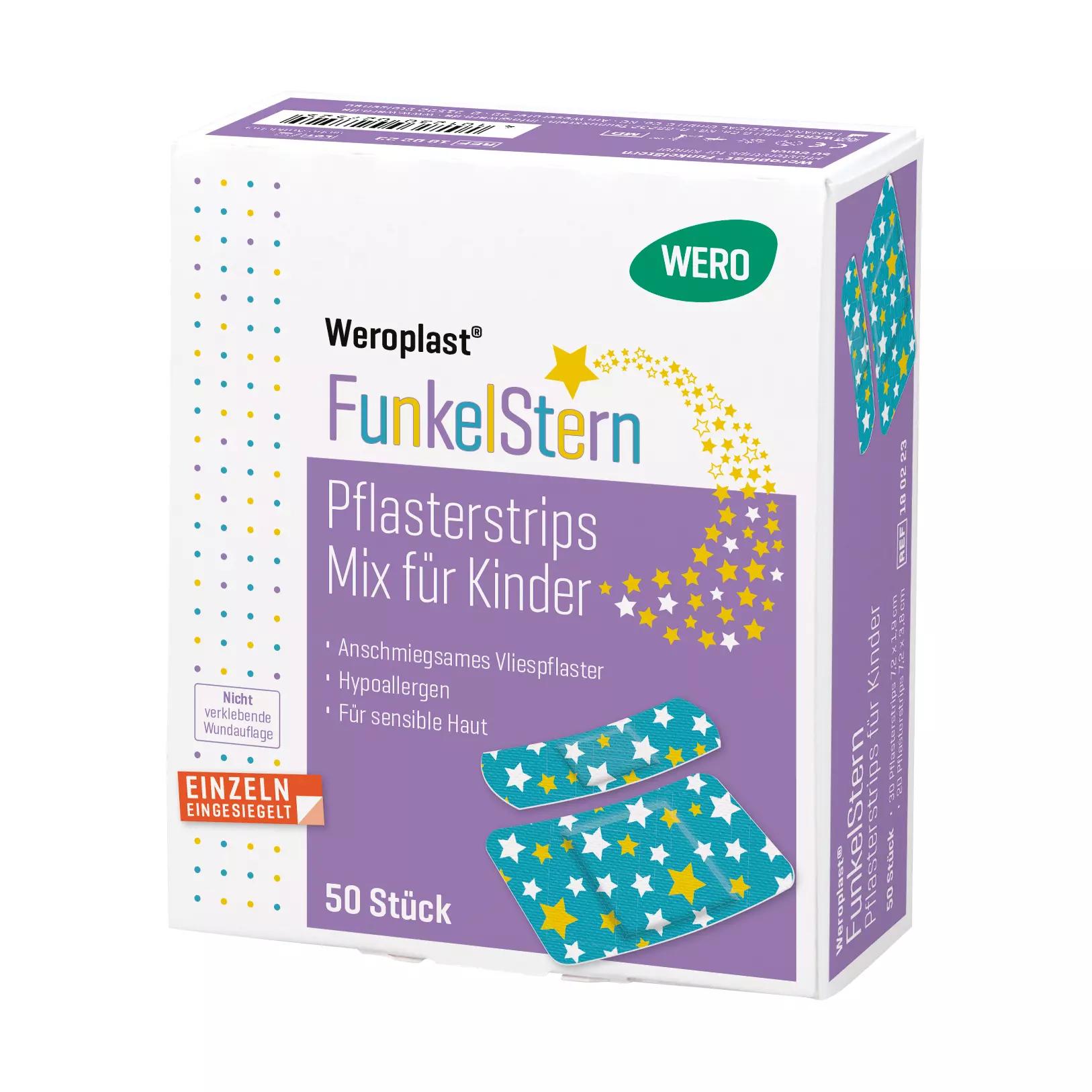 Eine weiß-violette Box Pflasterstrips Weroplast® FunkelStern für Kinder mit Sternmotiv, hypoallergen und für sensible Kinderhaut geeignet.