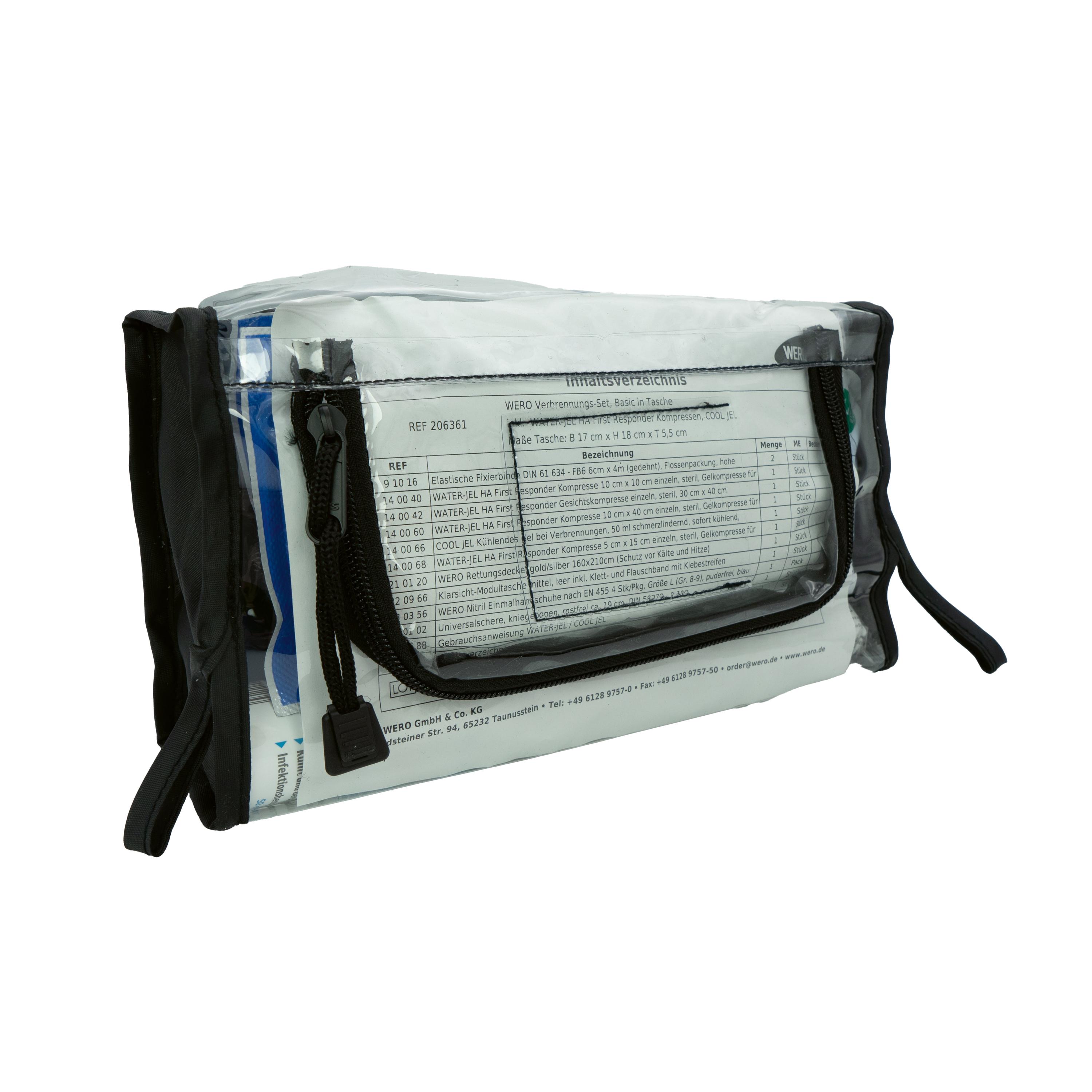 WERO Verbrennungs-Set, Basic - Tasche mit elastischer Fixierbinde, steriler WATER-JEL Kompresse und Gesichtskompresse im transparenten Etui